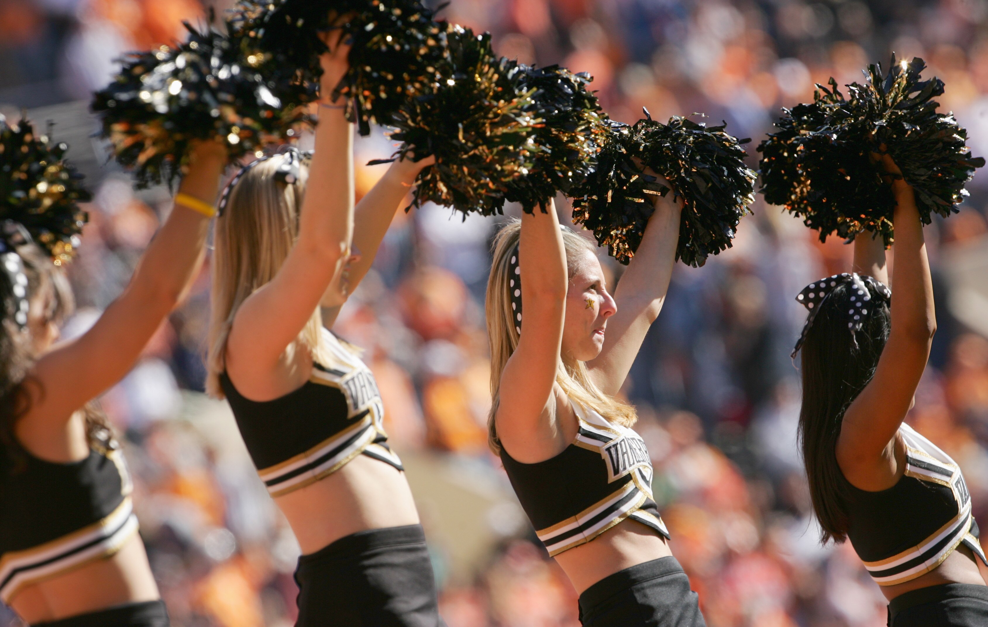 KNOXVILLE, TN - NOVEMBER 19:  The Cheerleaders of the Vanderbilt Commodores perform on the sidelines during the game against the Tennessee Volunteers on November 19, 2005 at Neyland Stadium in Knoxville, Tennessee.  (Photo by Doug Pensinger/Getty Images)