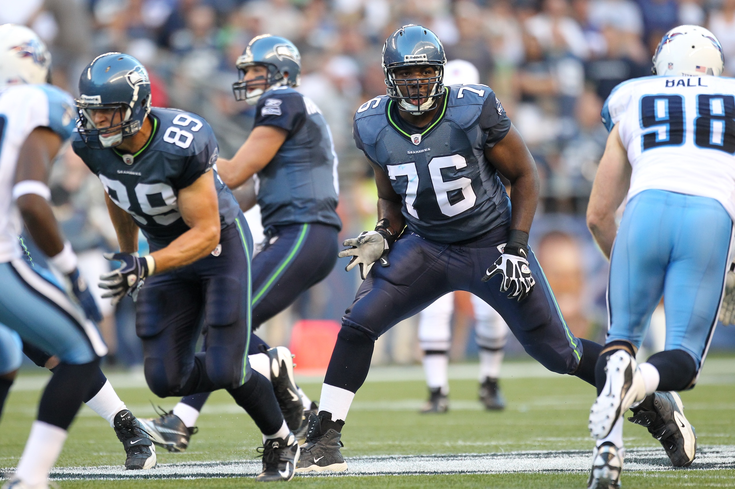 SEATTLE - AUGUST 14:  Tackle Russell Okung #76 of the Seattle Seahawks pass blocks during the preseason game against the Tennessee Titans at Qwest Field on August 14, 2010 in Seattle, Washington. (Photo by Otto Greule Jr/Getty Images)