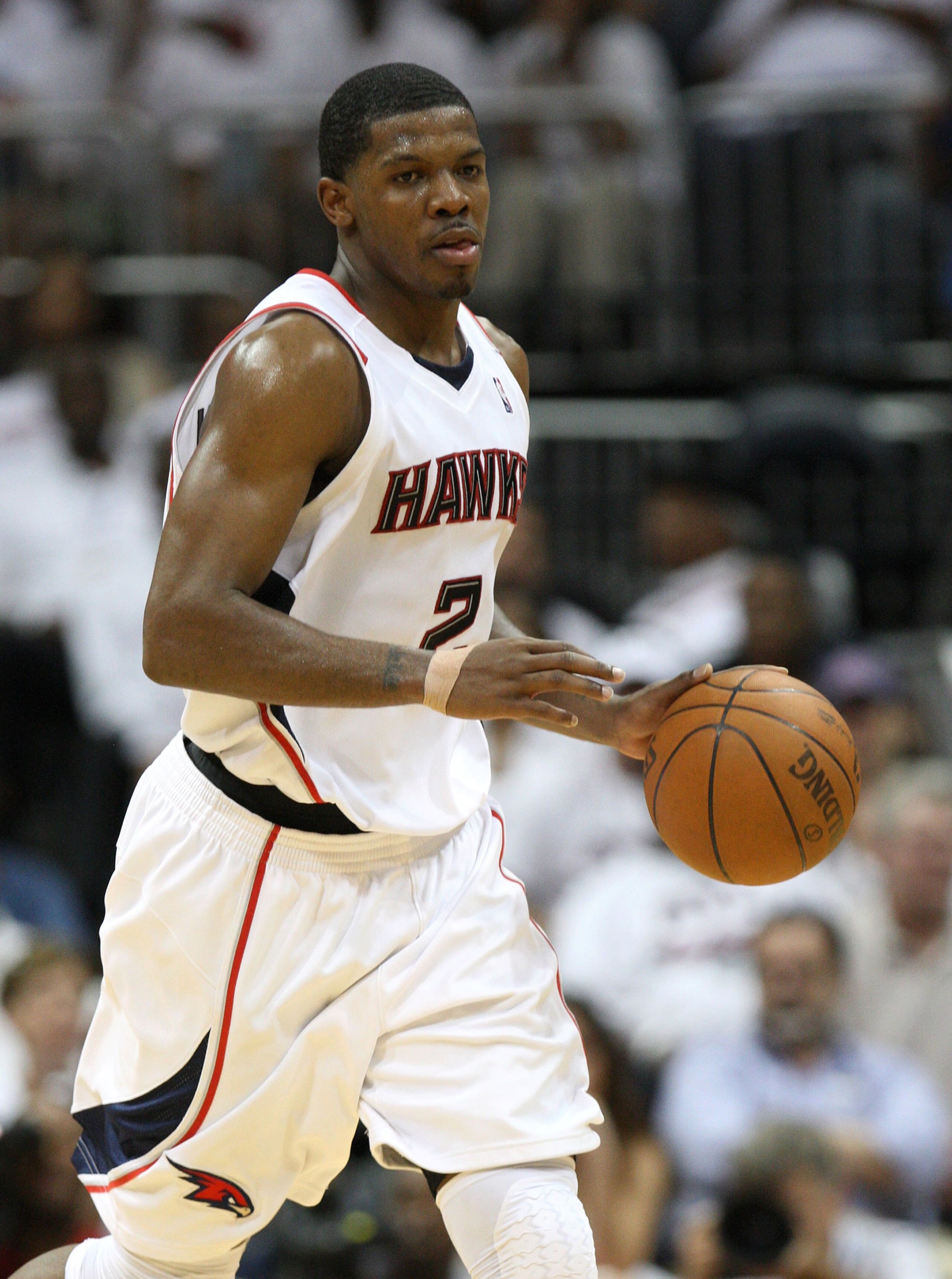 ATLANTA - MAY 2:  Guard Joe Johnson #2 of the Atlanta Hawks dribbles the ball during Game Seven of the Eastern Conference Quarterfinals between the Milwaukee Bucks and the Atlanta Hawks during the 2010 NBA Playoffs at Philips Arena on May 2, 2010 in Atlan
