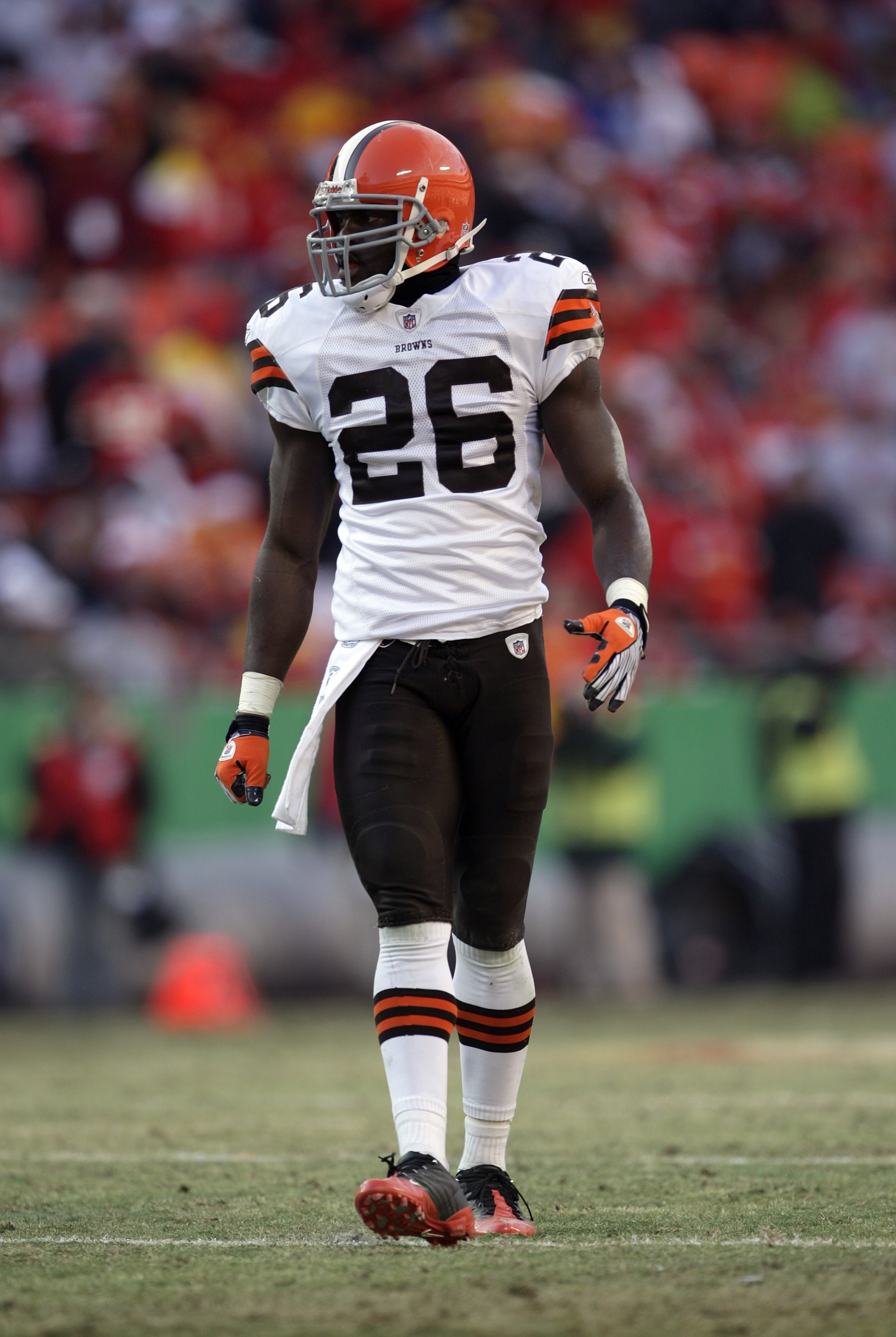 KANSAS CITY, MO - DECEMBER 20:  Abram Elam #26 of the Cleveland Browns looks on during their NFL game against the Kansas City Chiefs on December 20, 2009 at Arrowhead Stadium in Kansas City, Missouri. The Browns defeated the Chiefs 41-34. (Photo by Jamie