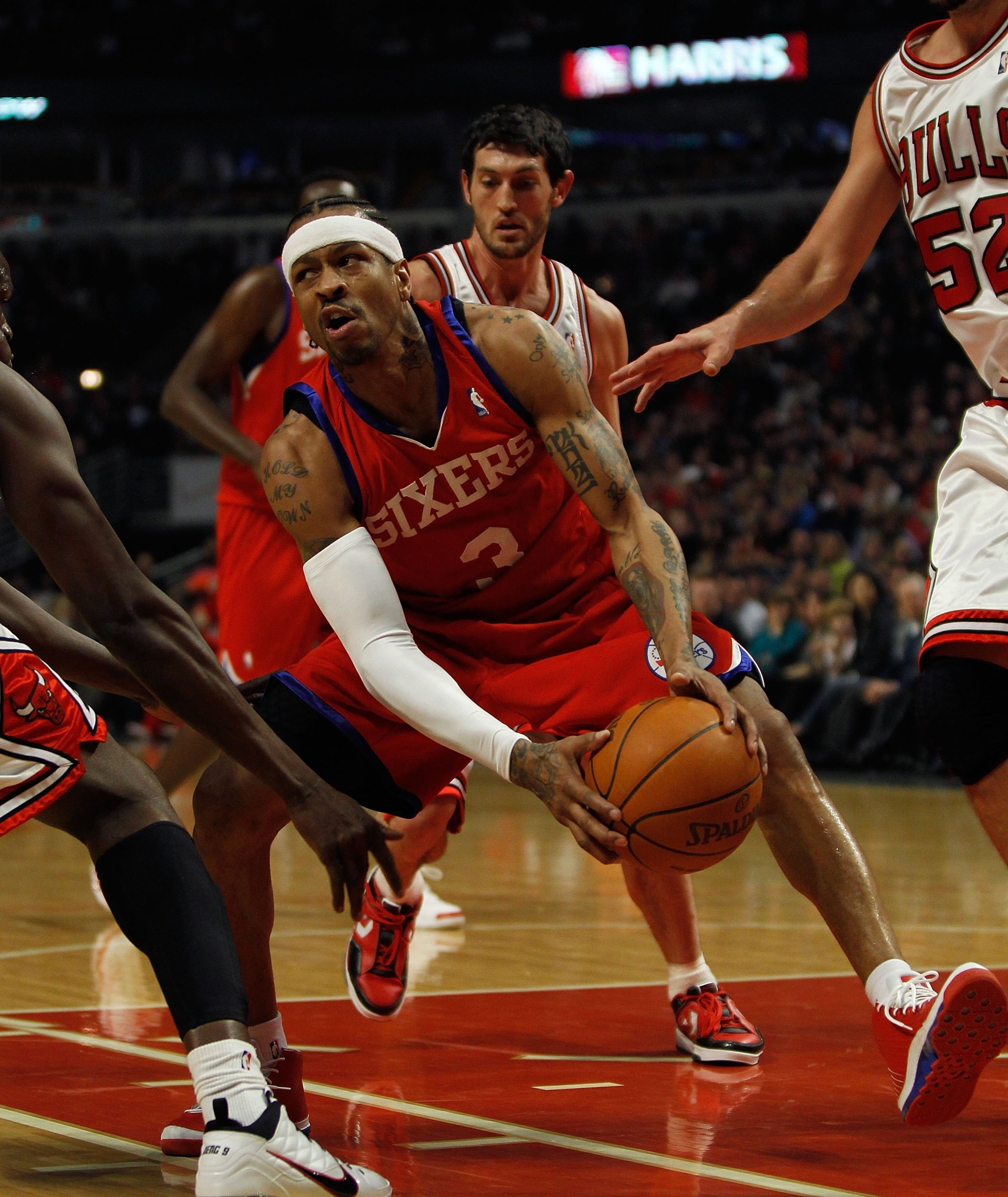 CHICAGO - FEBRUARY 20: Allen Iverson #3 of the Philadelphia 76ers moves against the Chicago Bulls at the United Center on February 20, 2010 in Chicago, Illinois. The Bulls defeated the 76ers 122-90. NOTE TO USER: User expressly acknowledges and agrees tha CHICAGO - FEBRUARY 20: Allen Iverson #3 of the Philadelphia 76ers moves against the Chicago Bulls at the United Center on February 20, 2010 in Chicago, Illinois. The Bulls defeated the 76ers 122-90. NOTE TO USER: User expressly acknowledges and agrees tha