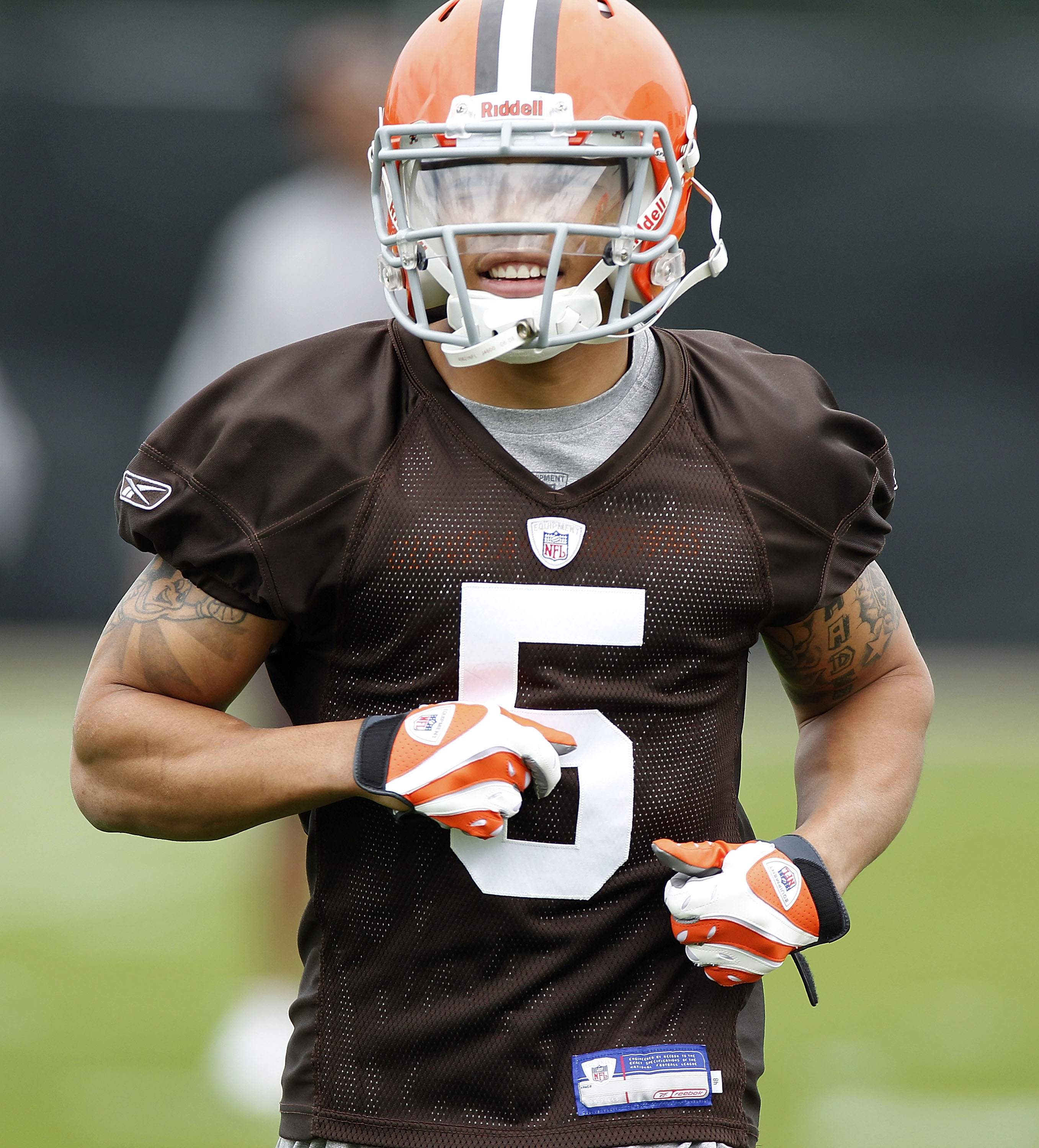 BEREA, OH - MAY 01:  Joe Haden #5 of the Cleveland Browns looks on during rookie mini camp at the Cleveland Browns Training and Administrative Complex on May 1, 2010 in Berea, Ohio.  (Photo by Gregory Shamus/Getty Images)