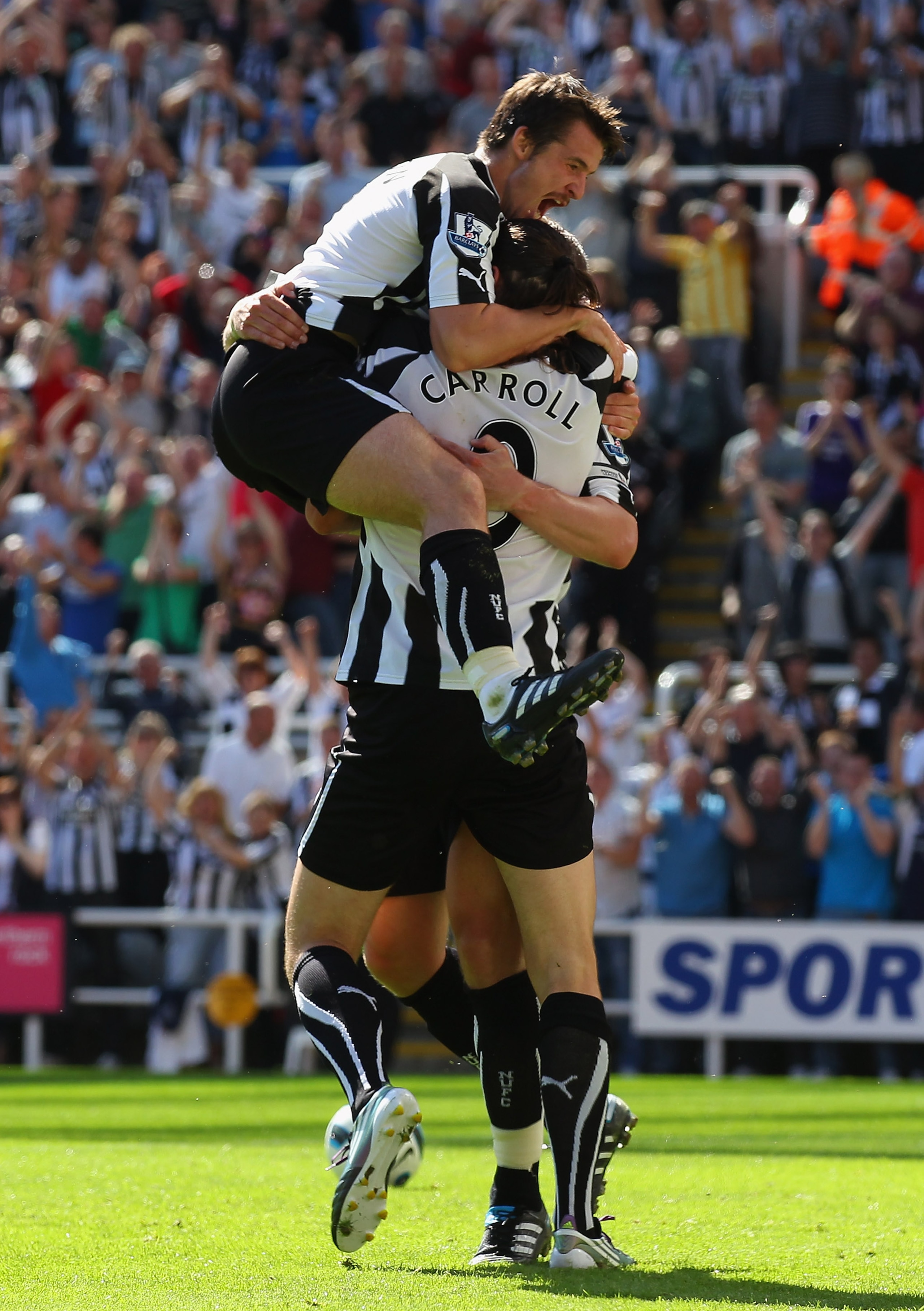 NEWCASTLE UPON TYNE, ENGLAND - AUGUST 22: Kevin Nolan of Newcastle United celebrates his goal with Joey Barton and Andy Carroll during the Barclays Premier League match between Newcastle United and Aston Villa at St James' Park on August 22, 2010 in Newc NEWCASTLE UPON TYNE, ENGLAND - AUGUST 22: Kevin Nolan of Newcastle United celebrates his goal with Joey Barton and Andy Carroll during the Barclays Premier League match between Newcastle United and Aston Villa at St James' Park on August 22, 2010 in Newc