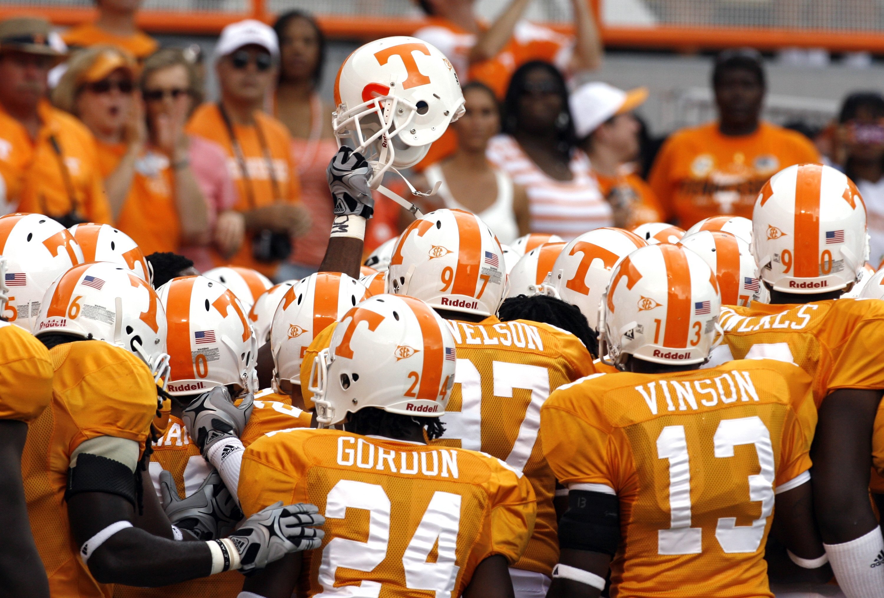 KNOXVILLE, TN - SEPTEMBER 12: The Tennessee Volunteers huddle up before a game against the UCLA Bruins on September 12, 2009 at Neyland Stadium in Knoxville, Tennessee. UCLA beat Tennessee 19-15. (Photo by Joe Murphy/Getty Images)