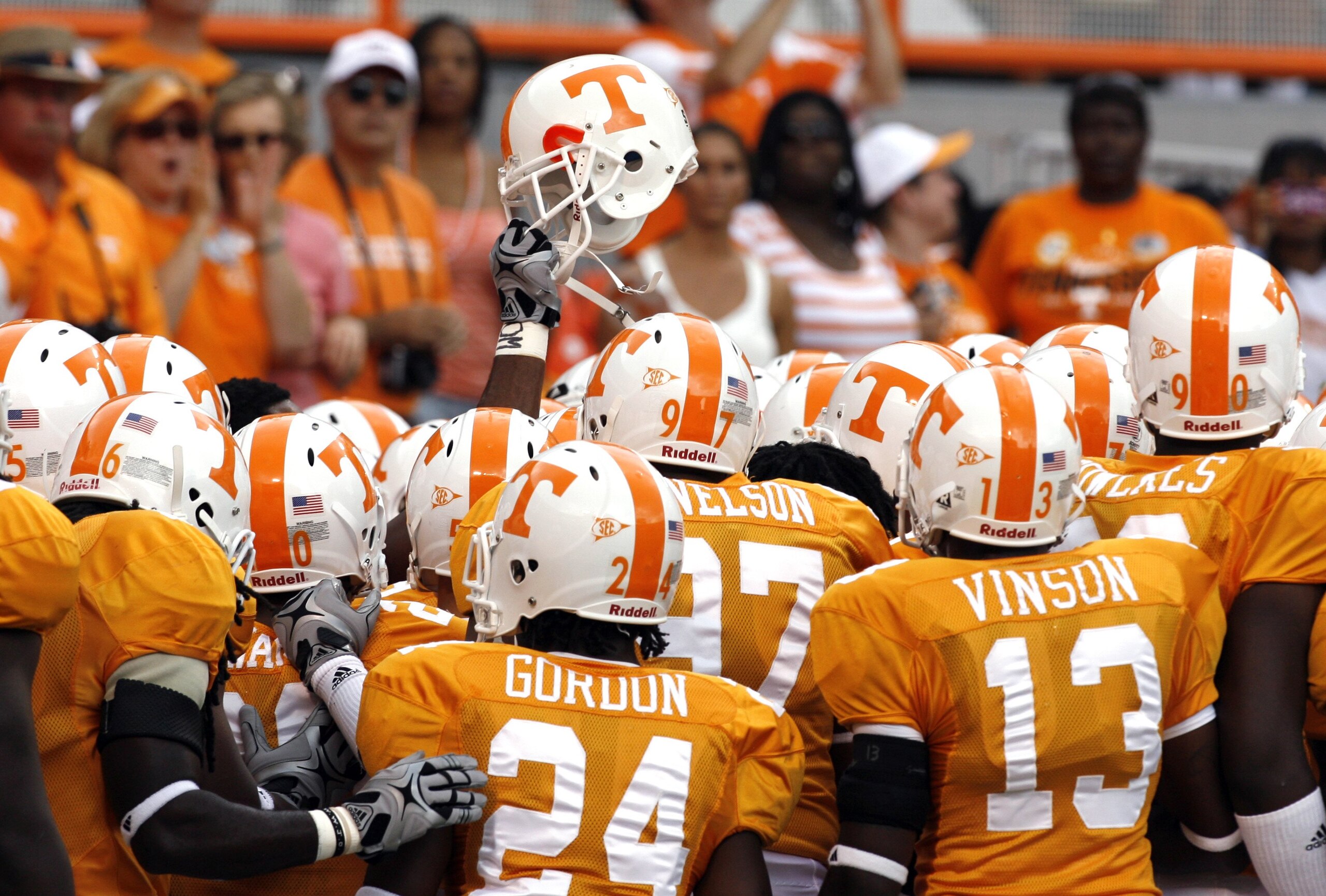 KNOXVILLE, TN - SEPTEMBER 12: The Tennessee Volunteers huddle up before a game against the UCLA Bruins on September 12, 2009 at Neyland Stadium in Knoxville, Tennessee. UCLA beat Tennessee 19-15. (Photo by Joe Murphy/Getty Images)