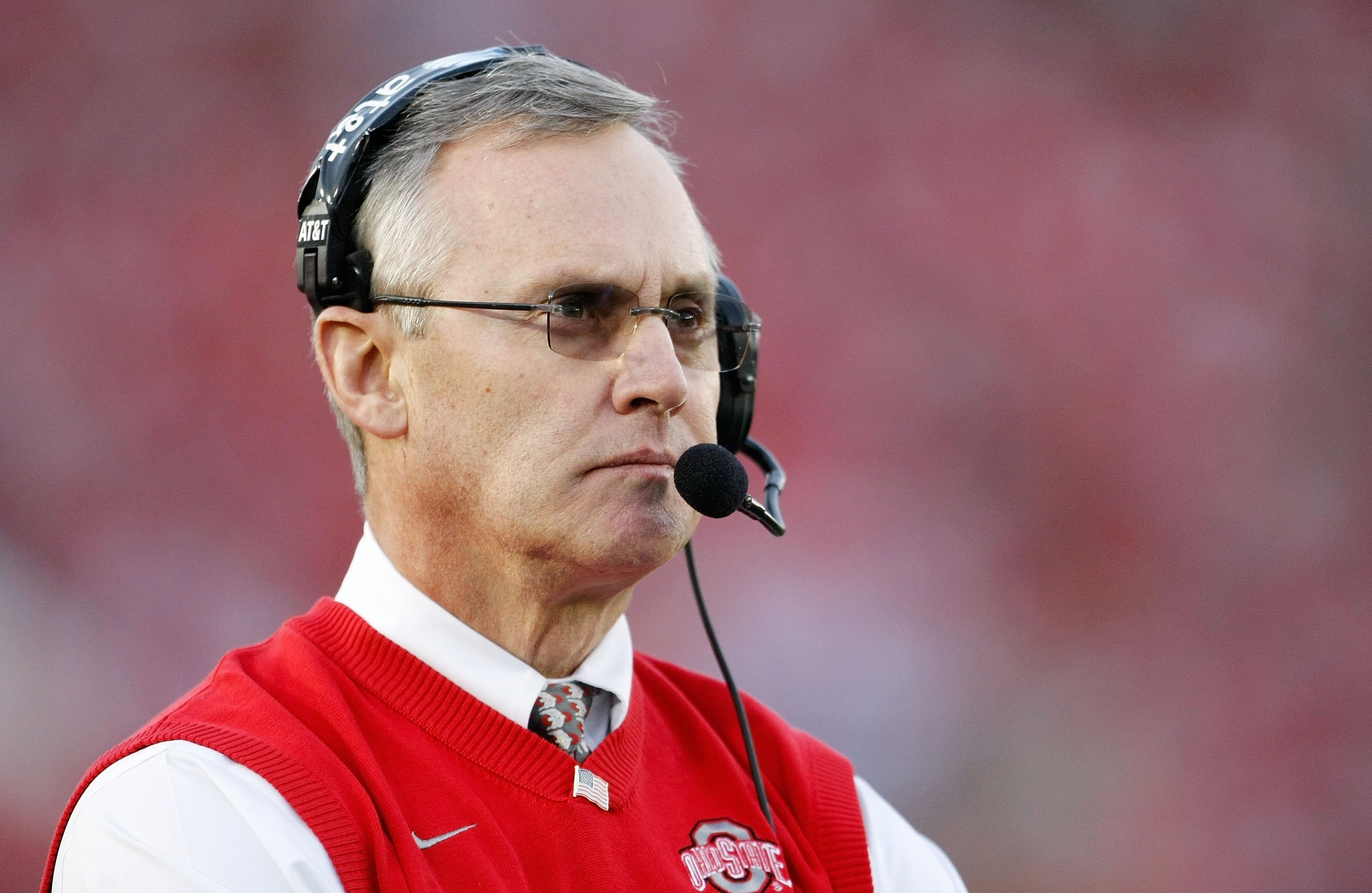 PASADENA, CA - JANUARY 01:  Head coach Jim Tressel of the Ohio State Buckeyes is seen during the 96th Rose Bowl game against the Oregon Ducks on January 1, 2010 in Pasadena, California.  (Photo by Jeff Gross/Getty Images)