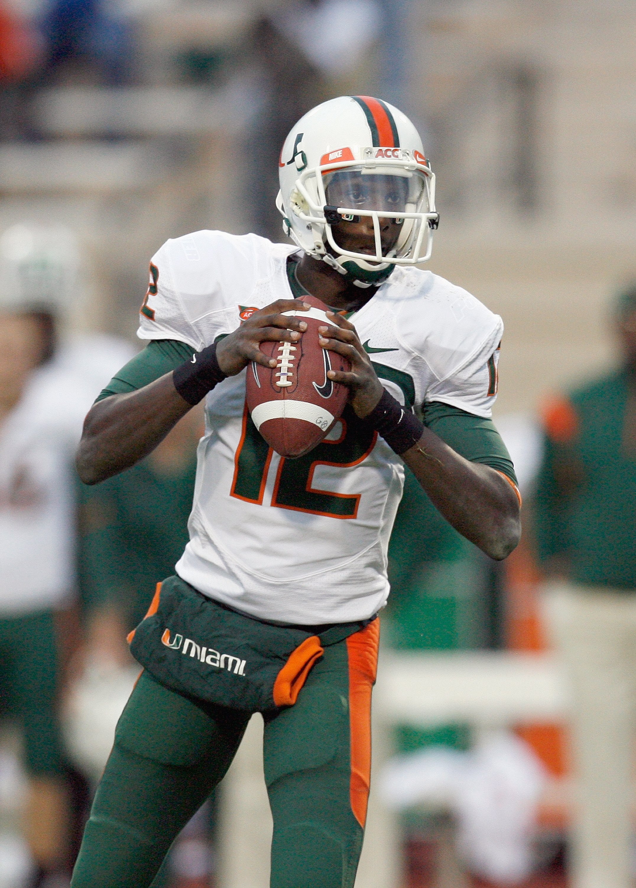 DURHAM, NC - OCTOBER 18: Quarterback  Jacory Harris #12 of the Miami Hurricanes looks to pass during the game against the Duke Blue Devils at Wallace Wade Stadium on October 18, 2008 in Durham, North Carolina.  (Photo by Kevin C. Cox/Getty Images)