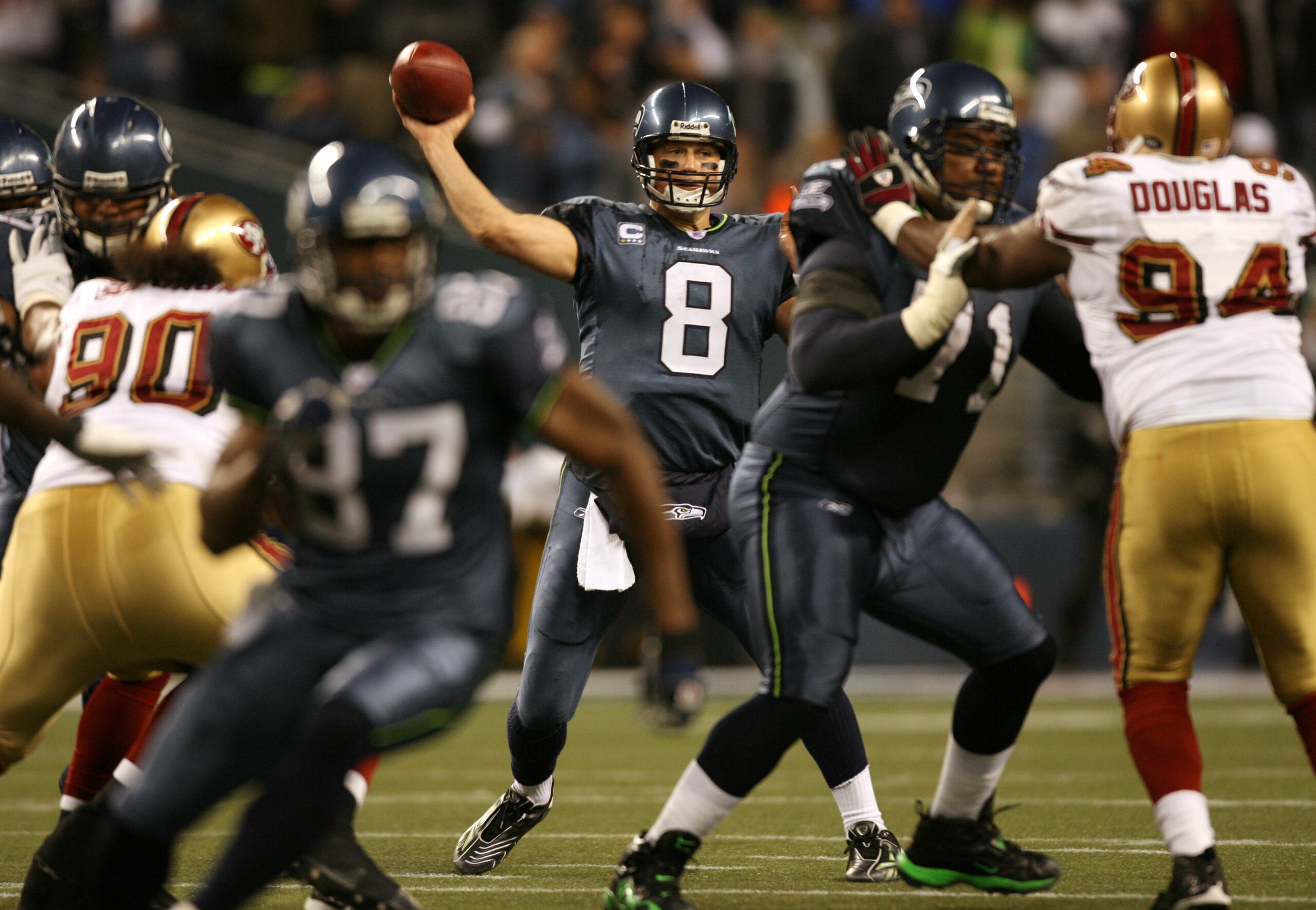 SEATTLE - NOVEMBER 12:  Quarterback Matt Hasselbeck #8 of the Seattle Seahawks passes against the San Francisco 49ers at Qwest Field on November 12, 2007 in Seattle, Washington. The Seahawks defeated the 49ers 24-0. (Photo by Otto Greule Jr/Getty Images)