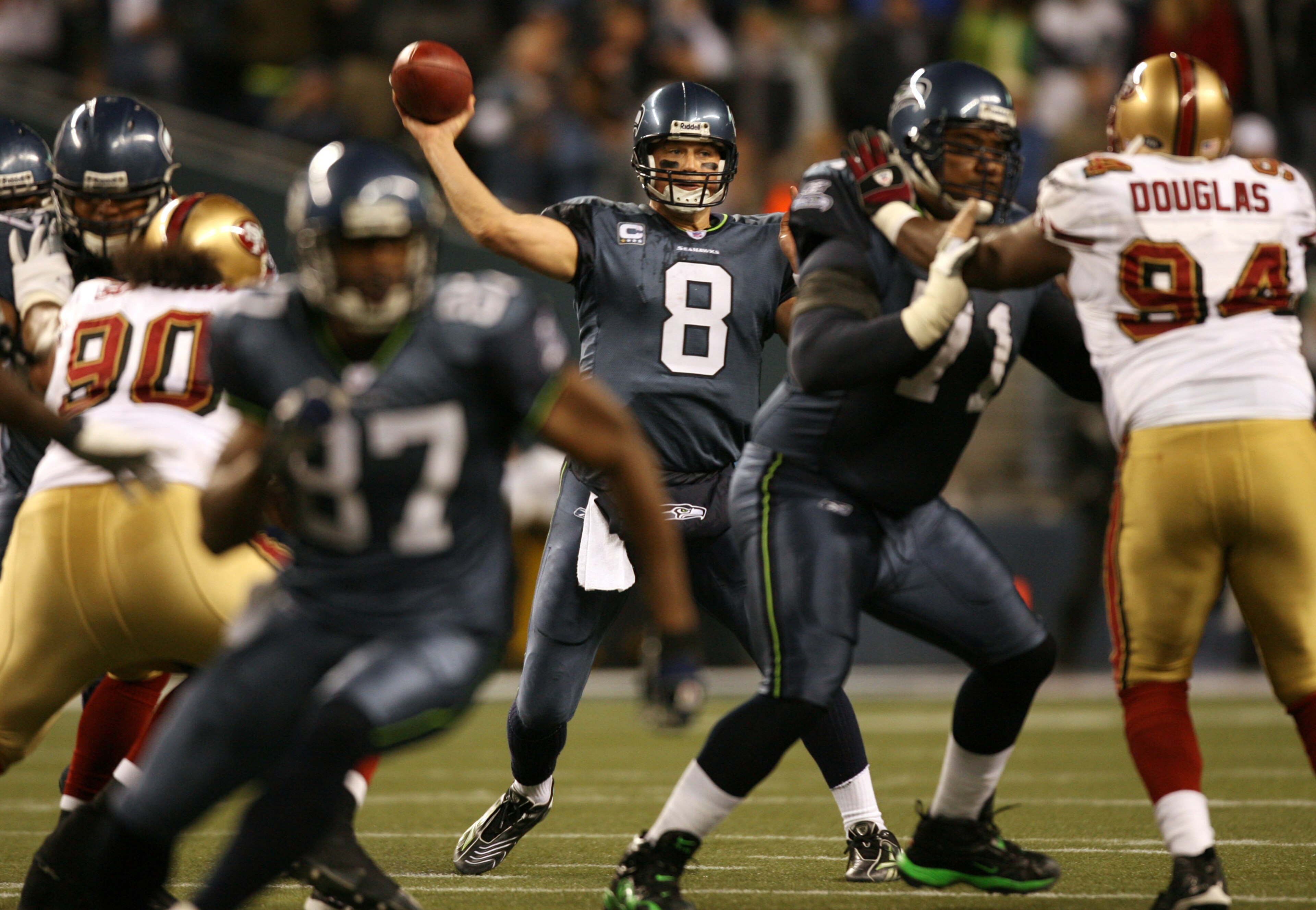 SEATTLE - NOVEMBER 12:  Quarterback Matt Hasselbeck #8 of the Seattle Seahawks passes against the San Francisco 49ers at Qwest Field on November 12, 2007 in Seattle, Washington. The Seahawks defeated the 49ers 24-0. (Photo by Otto Greule Jr/Getty Images)