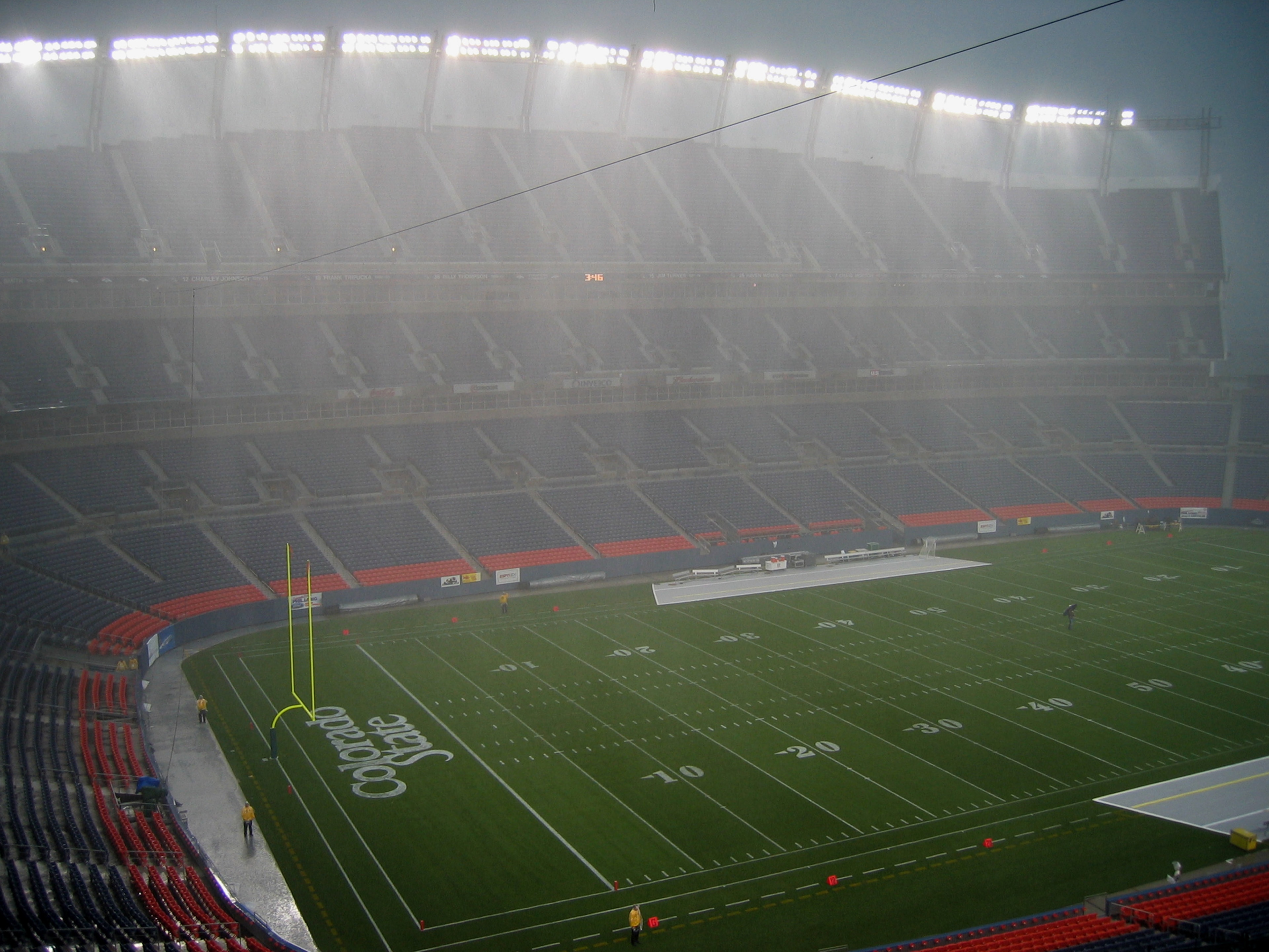 DENVER - AUGUST 30: Rain sheets down before a game between the University of Colorado Buffaloes and the Colorado State University Rams at Invesco Field at Mile High on August 30, 2003 in Denver, Colorado. Colorado defeated Colorado State 42-35. (Photo by DENVER - AUGUST 30: Rain sheets down before a game between the University of Colorado Buffaloes and the Colorado State University Rams at Invesco Field at Mile High on August 30, 2003 in Denver, Colorado. Colorado defeated Colorado State 42-35. (Photo by