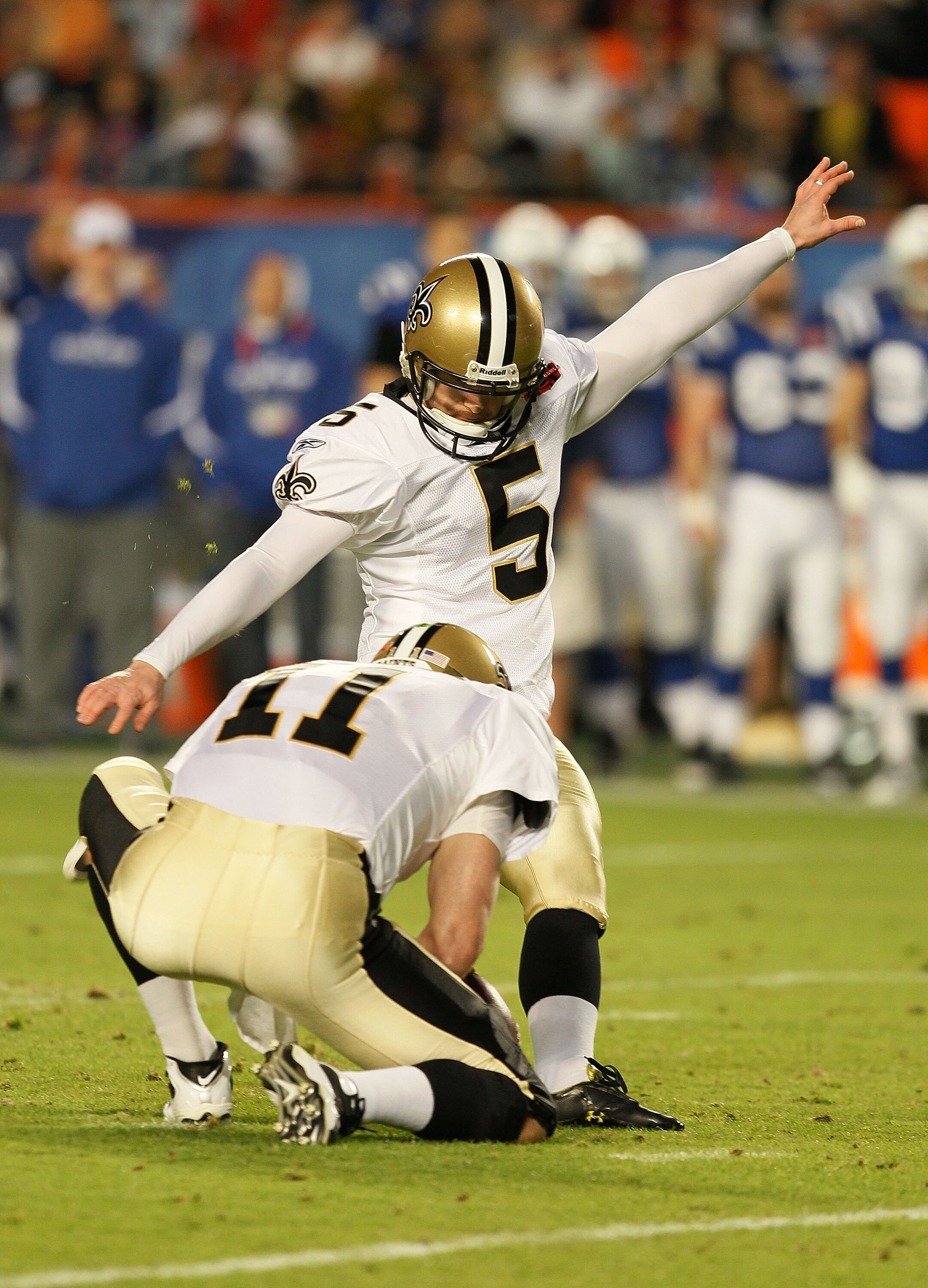MIAMI GARDENS, FL - FEBRUARY 07: Garrett Hartley #5 of the New Orleans Saints kicks a field goal in the second quarter against the Indianapolis Colts during Super Bowl XLIV on February 7, 2010 at Sun Life Stadium in Miami Gardens, Florida. (Photo by Andy MIAMI GARDENS, FL - FEBRUARY 07: Garrett Hartley #5 of the New Orleans Saints kicks a field goal in the second quarter against the Indianapolis Colts during Super Bowl XLIV on February 7, 2010 at Sun Life Stadium in Miami Gardens, Florida. (Photo by Andy