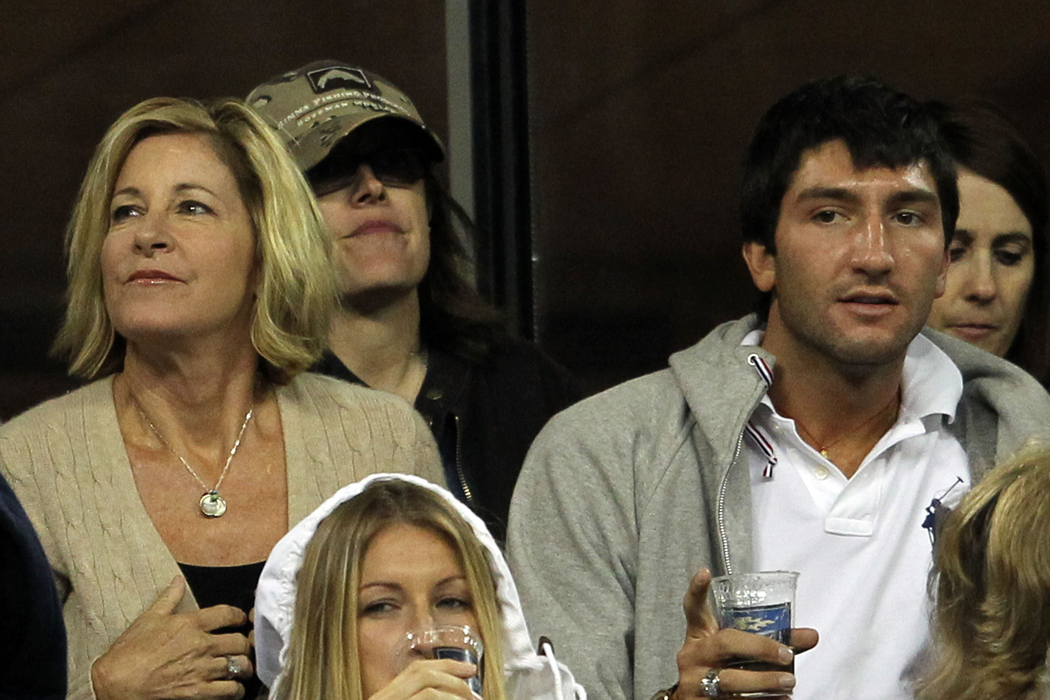 NEW YORK - SEPTEMBER 09:  (L-R) Chris Evert and Evan Lysacek look on as Rafael Nadal of Spain plays against Fernando Verdasco of Spain during his men's single quarterfinal match on day eleven of the 2010 U.S. Open at the USTA Billie Jean King National Ten