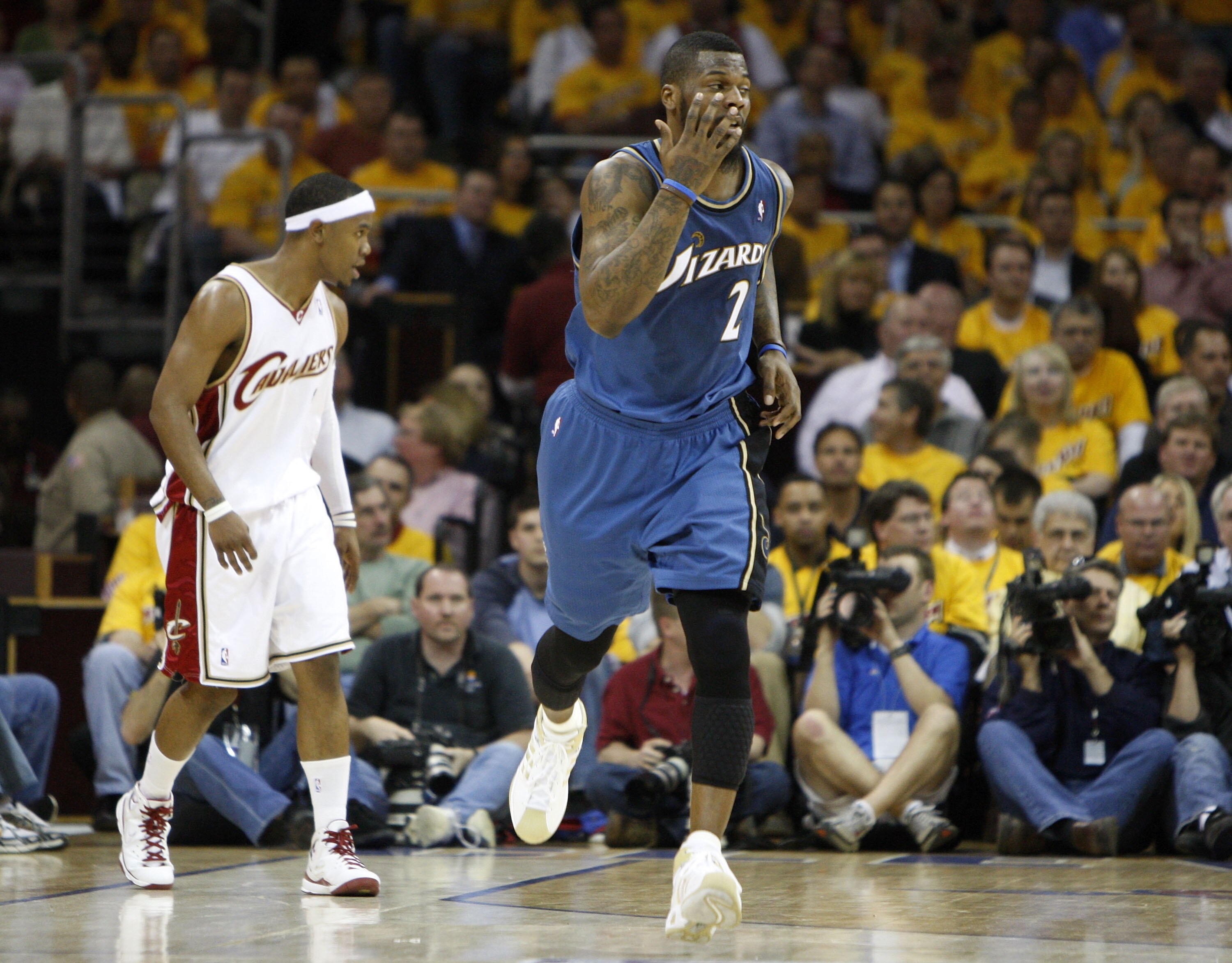 CLEVELAND - APRIL 30:  DeShawn Stevenson #2 of the Washington Wizards reacts after hitting a three-point basket over Daniel Gibson #1 of the Cleveland Cavaliers during Game Five of the Eastern Conference Quarterfinals during the 2008 NBA Playoffs at Quick