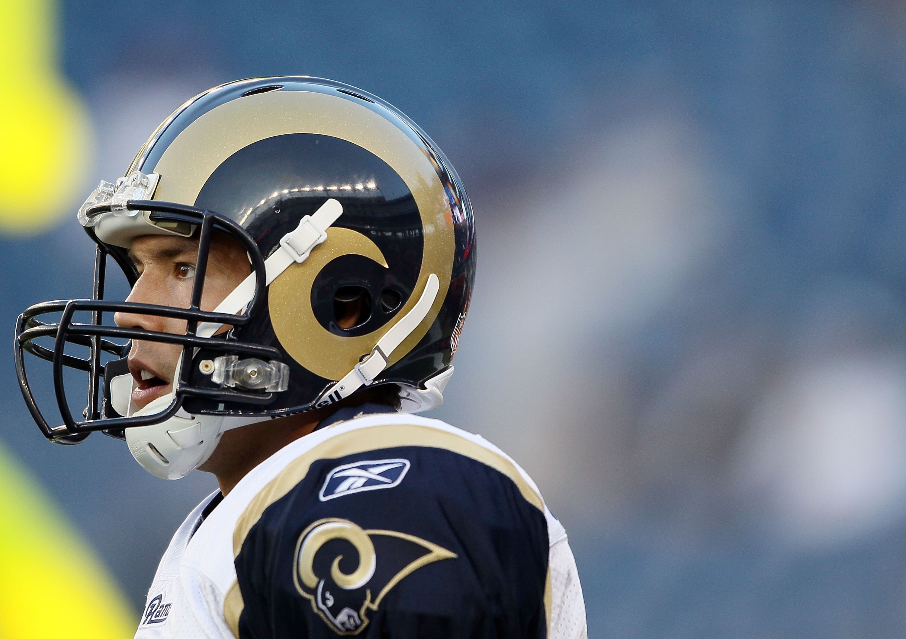 FOXBORO, MA - AUGUST 26:  Sam Bradford #8 of the St. Louis Rams looks on before the game against the New England Patriots on August 26, 2010 at Gillette Stadium in Foxboro, Massachusetts.  (Photo by Elsa/Getty Images)