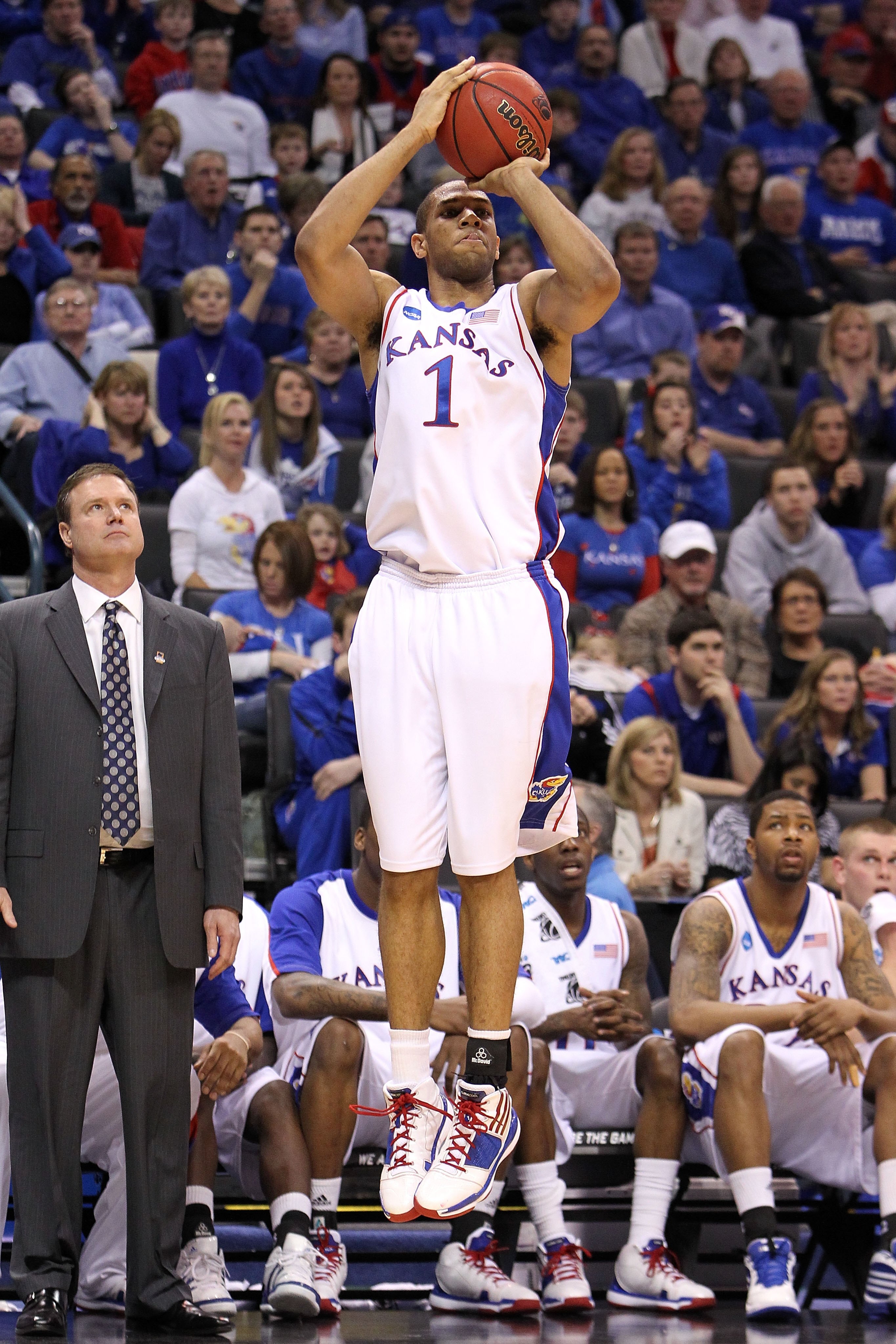OKLAHOMA CITY - MARCH 20:  Xavier Henry #1 of the Kansas Jayhawks attempts a shot against the Northern Iowa Panthers during the second round of the 2010 NCAA men's basketball tournament at Ford Center on March 20, 2010 in Oklahoma City, Oklahoma.  (Photo