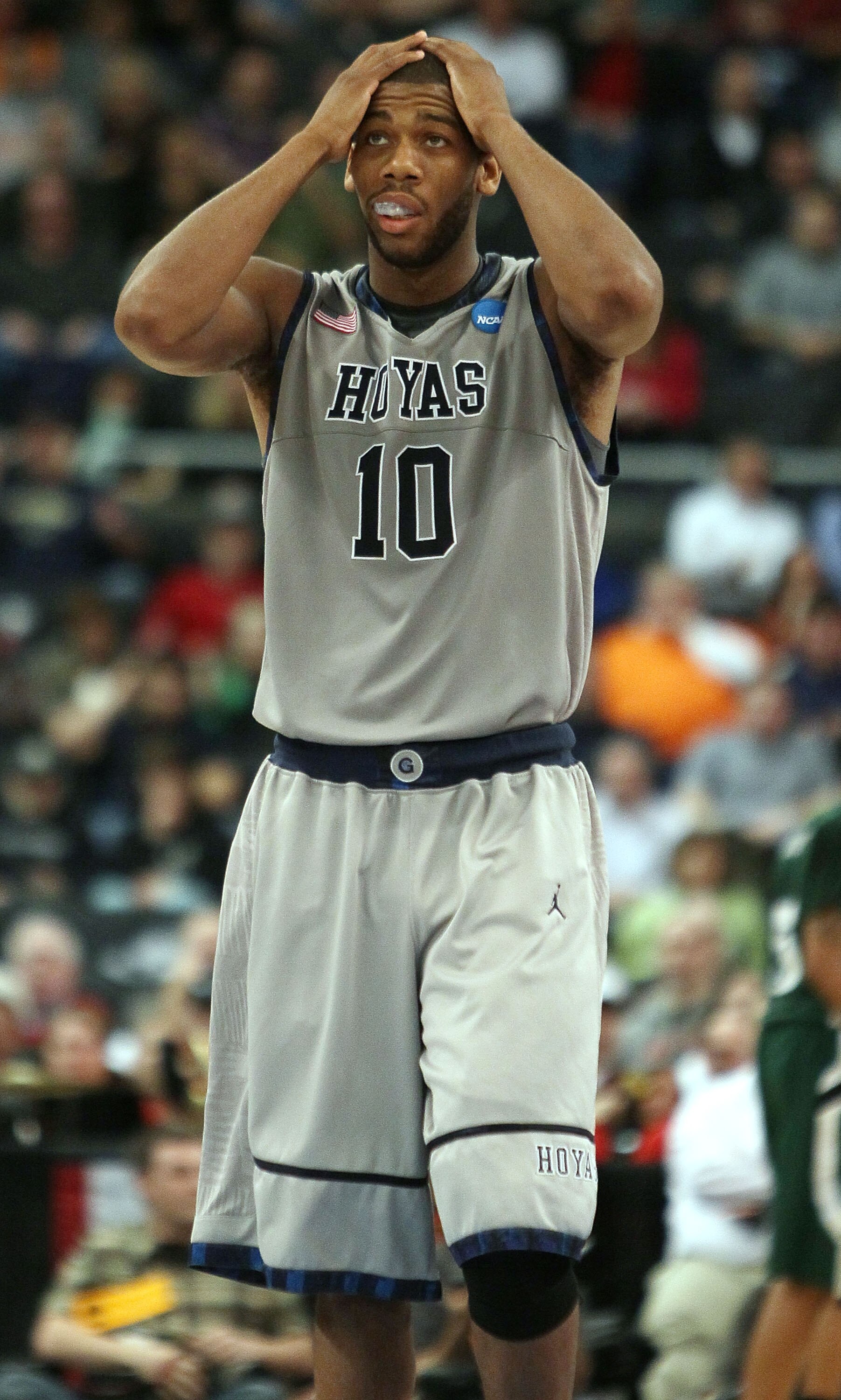 PROVIDENCE, RI - MARCH 18:  Greg Monroe #10 of the Georgetown Hoyas reacts after he is called for a foul in the second half againt the Ohio Bobcats during the first round of the 2010 NCAA men's basketball tournament on March 18, 2010 at the Dunkin Donuts
