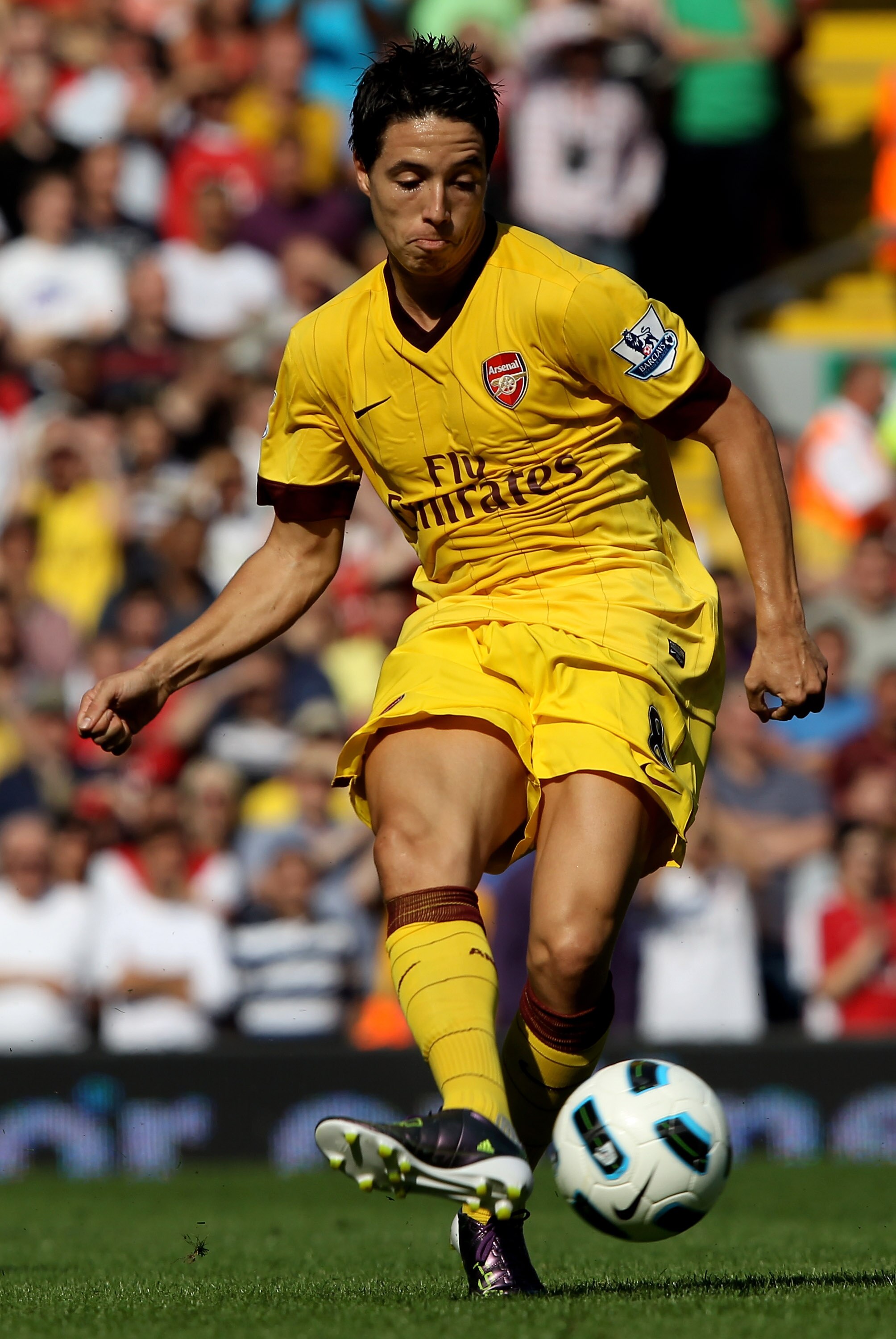LIVERPOOL, ENGLAND - AUGUST 15:   Samir Nasri of Arsenal in action during the Barclays Premier League match between Liverpool and Arsenal at Anfield on August 15, 2010 in Liverpool, England.  (Photo by Clive Brunskill/Getty Images)