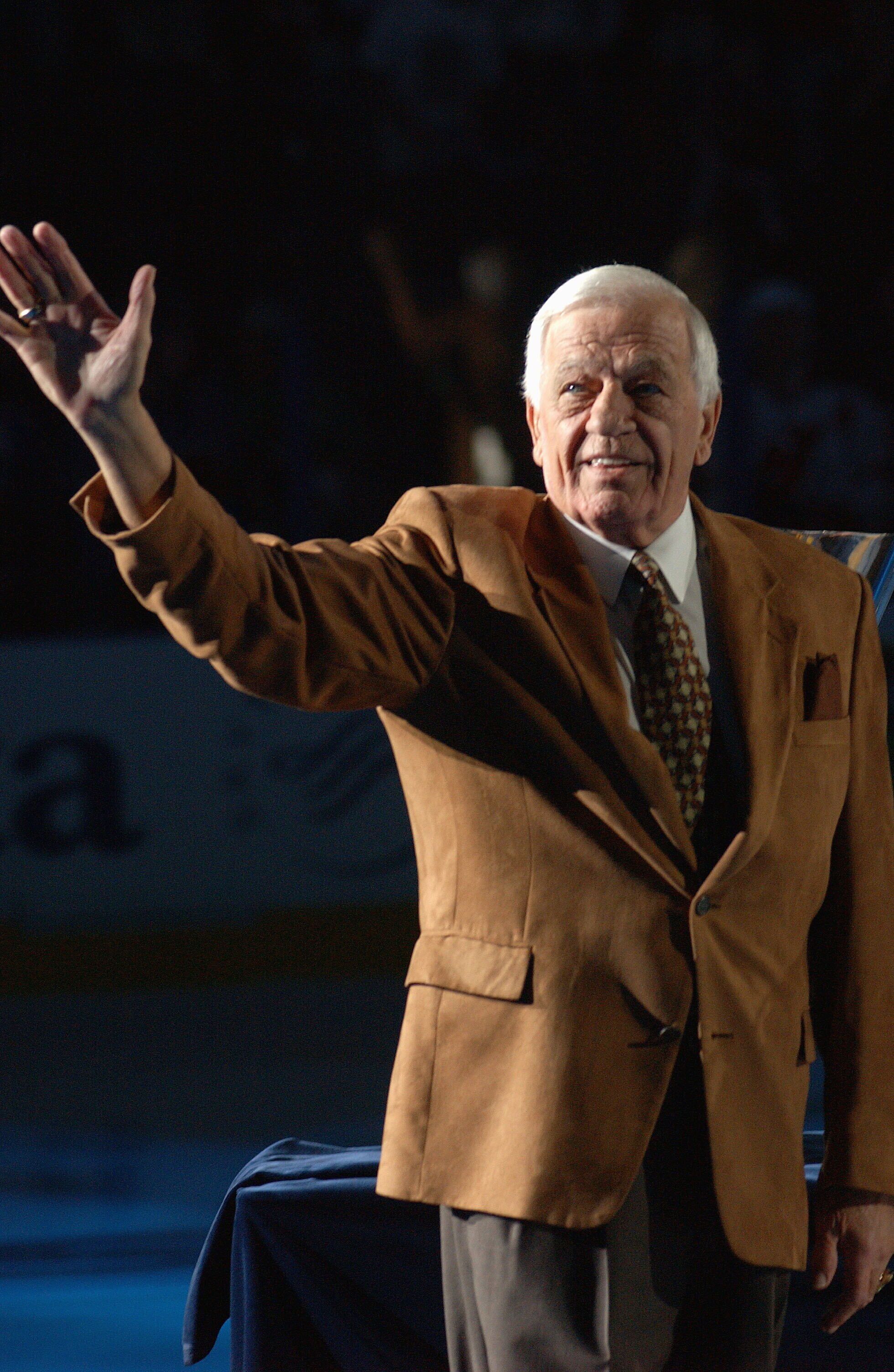 ATLANTA - OCTOBER 22:  Hockey legend Bernie 'Boom Boom' Geoffrion acknowledges the crowd after being introduced before the Atlanta Thrashers game against the New Jersey Devils on October 22, 2005 at Philips Arena in Atlanta, Georgia. The Thrashers won the
