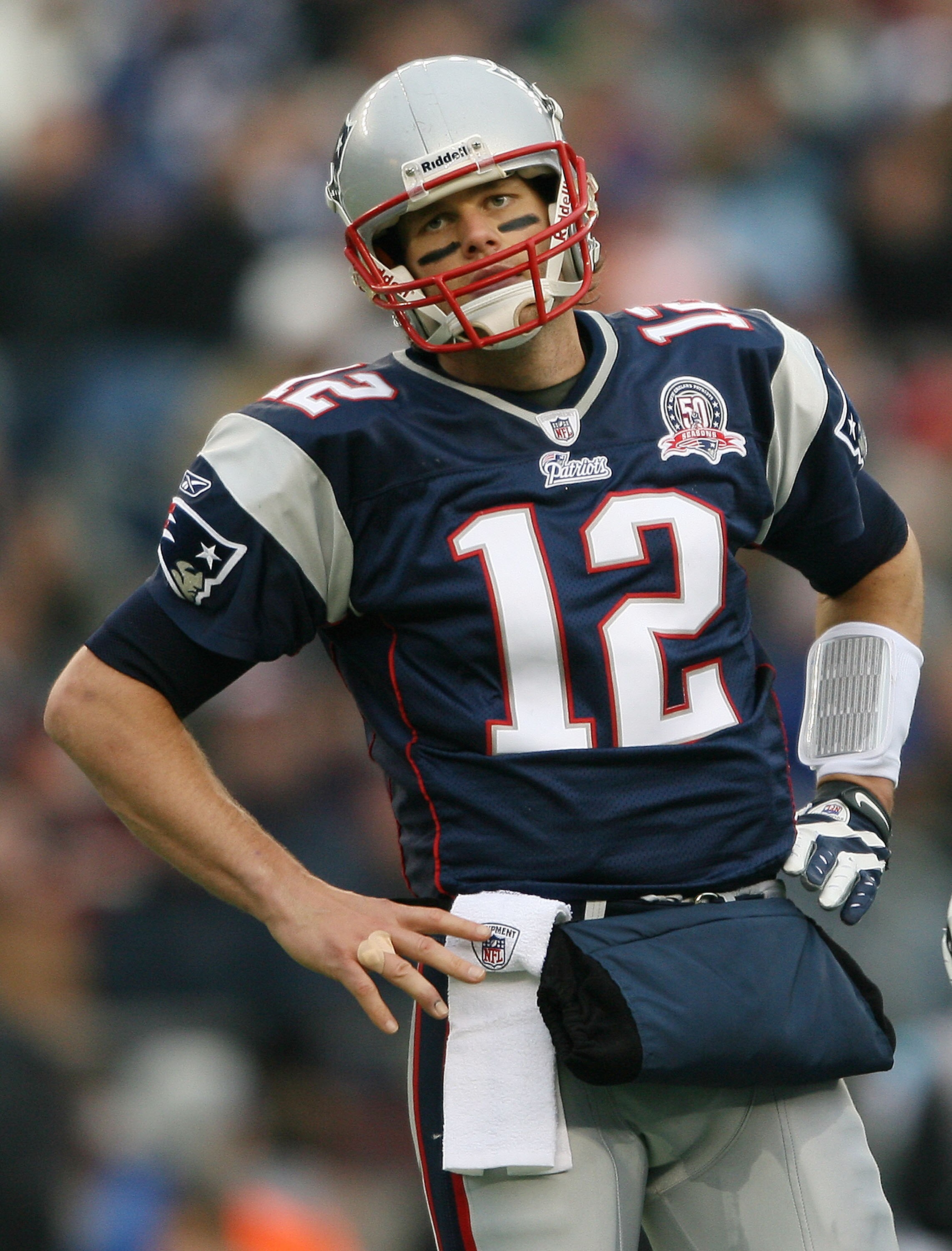 FOXBORO, MA - DECEMBER 13:  Tom Brady #12 of the New England Patriots reacts after he threw an interception in the first quarter against the Carolina Panthers on December 13, 2009 at Gillette Stadium in Foxboro, Massachusetts.  (Photo by Elsa/Getty Images