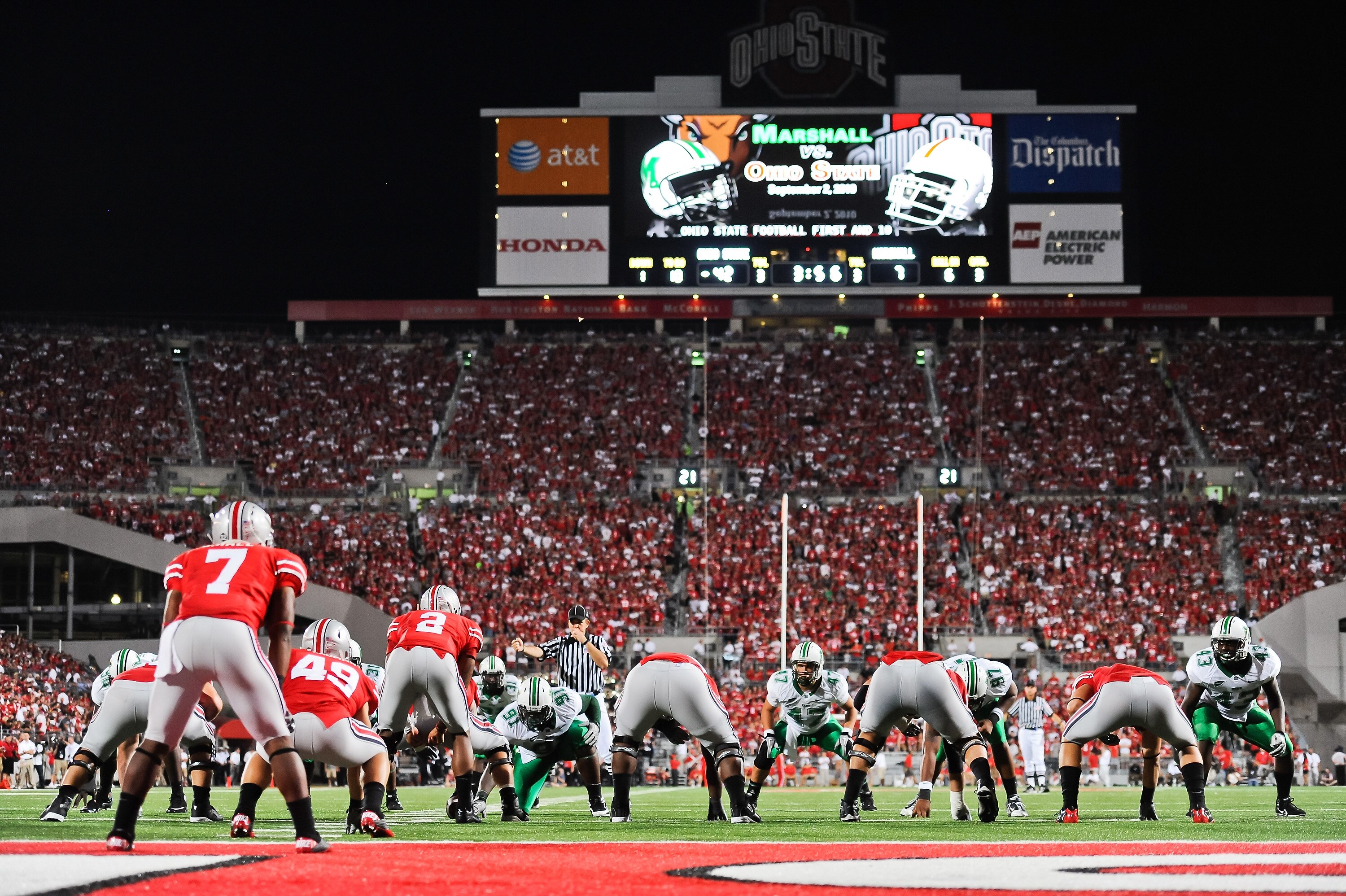 COLUMBUS, OH - SEPTEMBER 2: The Ohio State Buckeyes play the Marshall Thundering Herd at Ohio Stadium on September 2, 2010 in Columbus, Ohio. (Photo by Jamie Sabau/Getty Images) COLUMBUS, OH - SEPTEMBER 2: The Ohio State Buckeyes play the Marshall Thundering Herd at Ohio Stadium on September 2, 2010 in Columbus, Ohio. (Photo by Jamie Sabau/Getty Images)