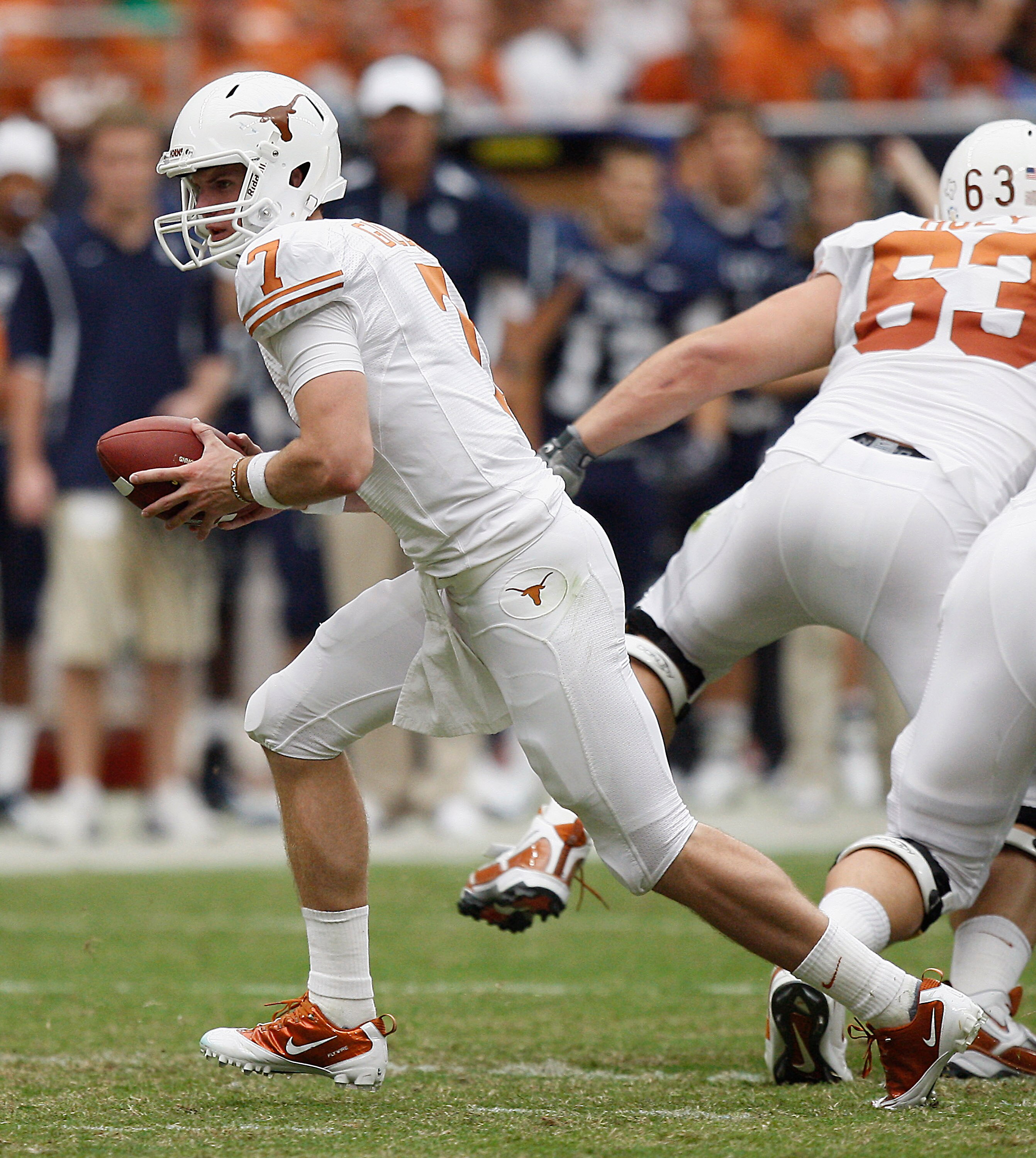 HOUSTON - SEPTEMBER 04:  Quarterback Garrett Gilbert #7 of the Texas Longhorns during game action against the Rice Owls at Reliant Stadium on September 4, 2010 in Houston, Texas. Texas won 34-17.  (Photo by Bob Levey/Getty Images)