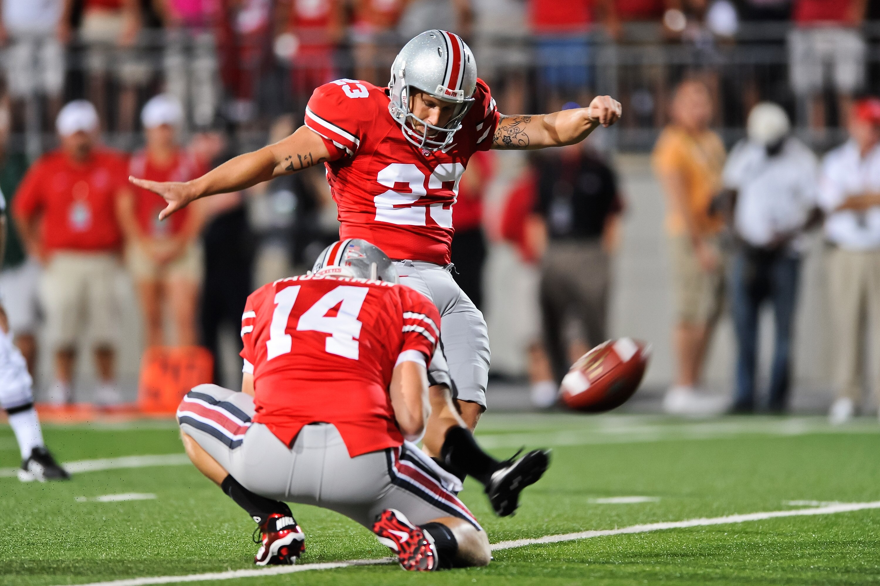 COLUMBUS, OH - SEPTEMBER 2: Devin Barclay #23 of the Ohio State Buckeyes kicks an extra point against the Marshall Thundering Herd at Ohio Stadium on September 2, 2010 in Columbus, Ohio. (Photo by Jamie Sabau/Getty Images)