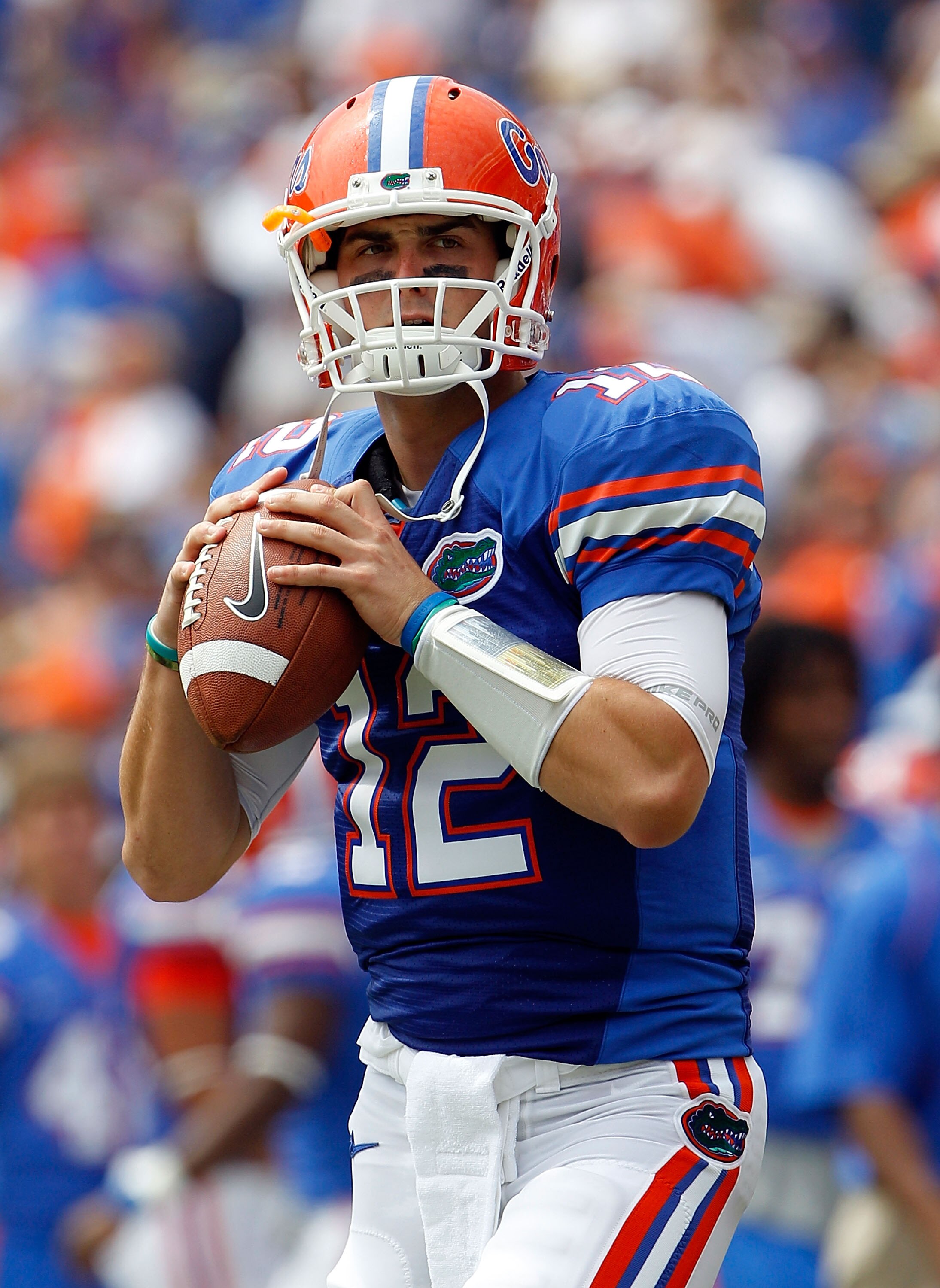 GAINESVILLE, FL - SEPTEMBER 04:  Quarterback John Brantley #12 of the Florida Gators attempts a pass prior to the game against the Miami University RedHawks at Ben Hill Griffin Stadium on September 4, 2010 in Gainesville, Florida.  (Photo by Sam Greenwood