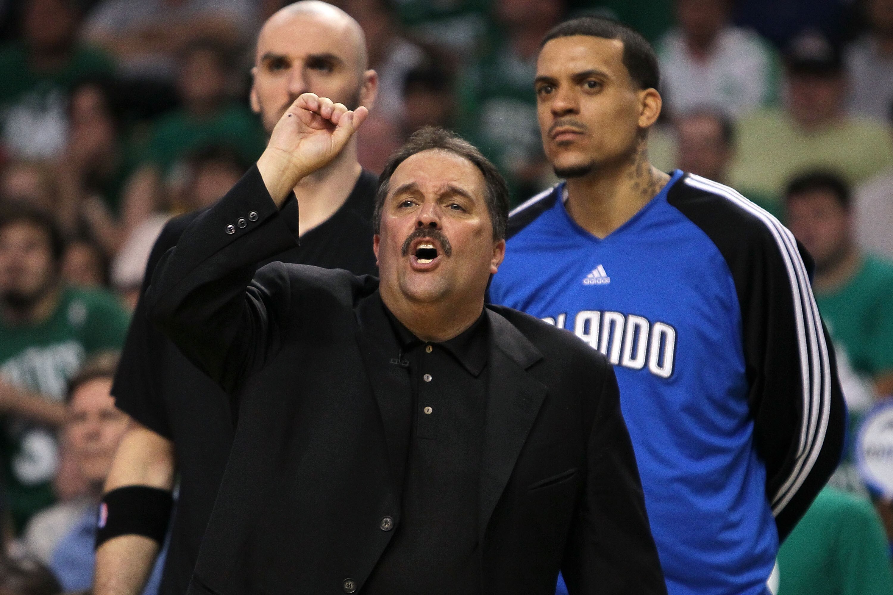 BOSTON - MAY 28:  Head coach Stan Van Gundy of the Orlando Magic reacts as he coaches against the Boston Celtics in Game Six of the Eastern Conference Finals during the 2010 NBA Playoffs at TD Garden on May 28, 2010 in Boston, Massachusetts.  NOTE TO USER