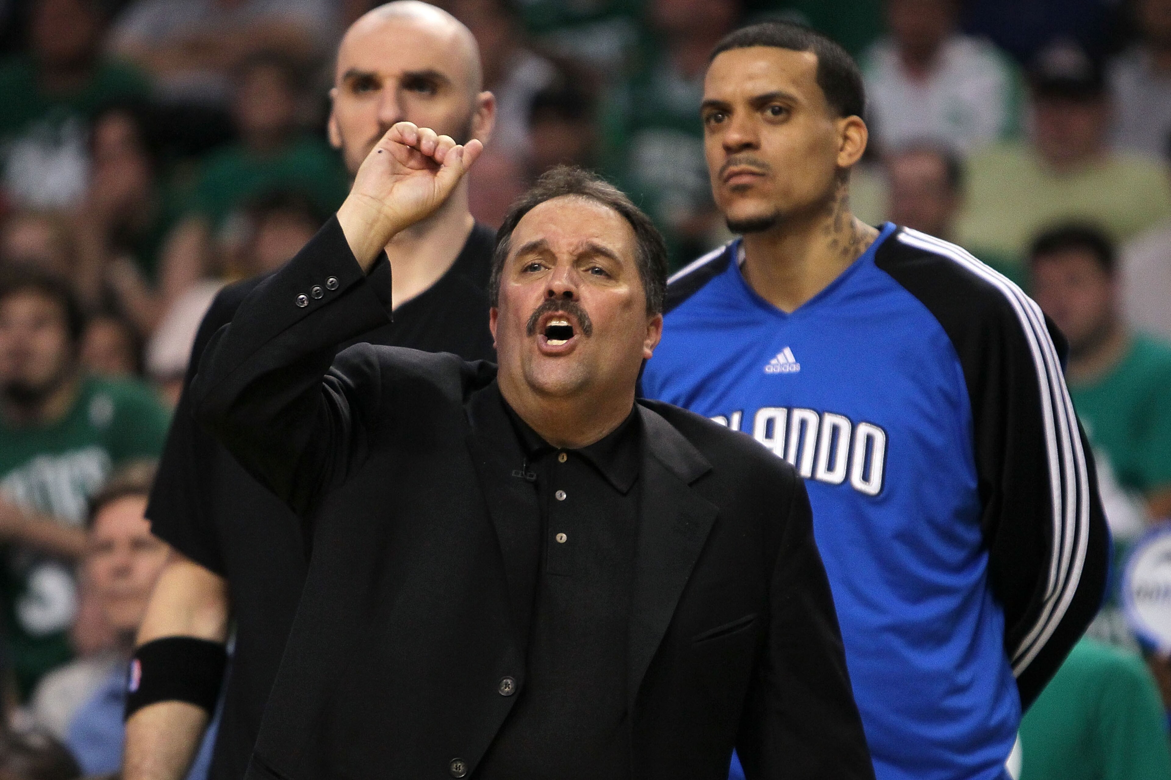 BOSTON - MAY 28:  Head coach Stan Van Gundy of the Orlando Magic reacts as he coaches against the Boston Celtics in Game Six of the Eastern Conference Finals during the 2010 NBA Playoffs at TD Garden on May 28, 2010 in Boston, Massachusetts.  NOTE TO USER