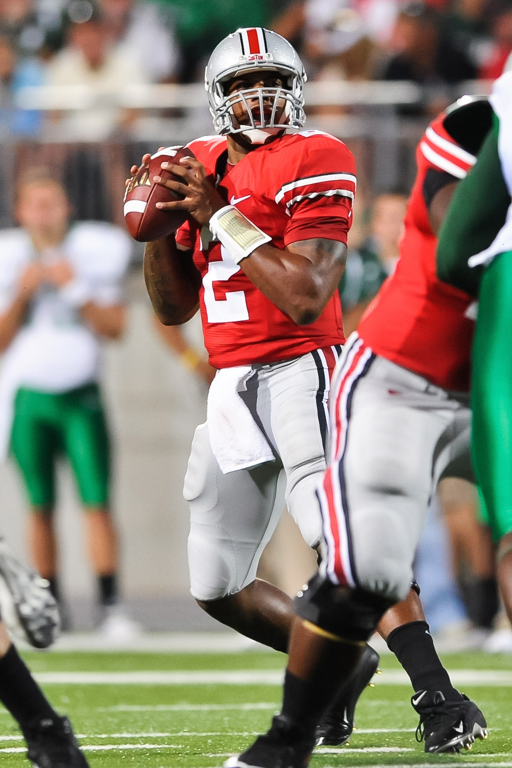 COLUMBUS, OH - SEPTEMBER 2: Terrelle Pryor #2 of the Ohio State Buckeyes drops back in the pocket against the Marshall Thundering Herd at Ohio Stadium on September 2, 2010 in Columbus, Ohio. (Photo by Jamie Sabau/Getty Images)