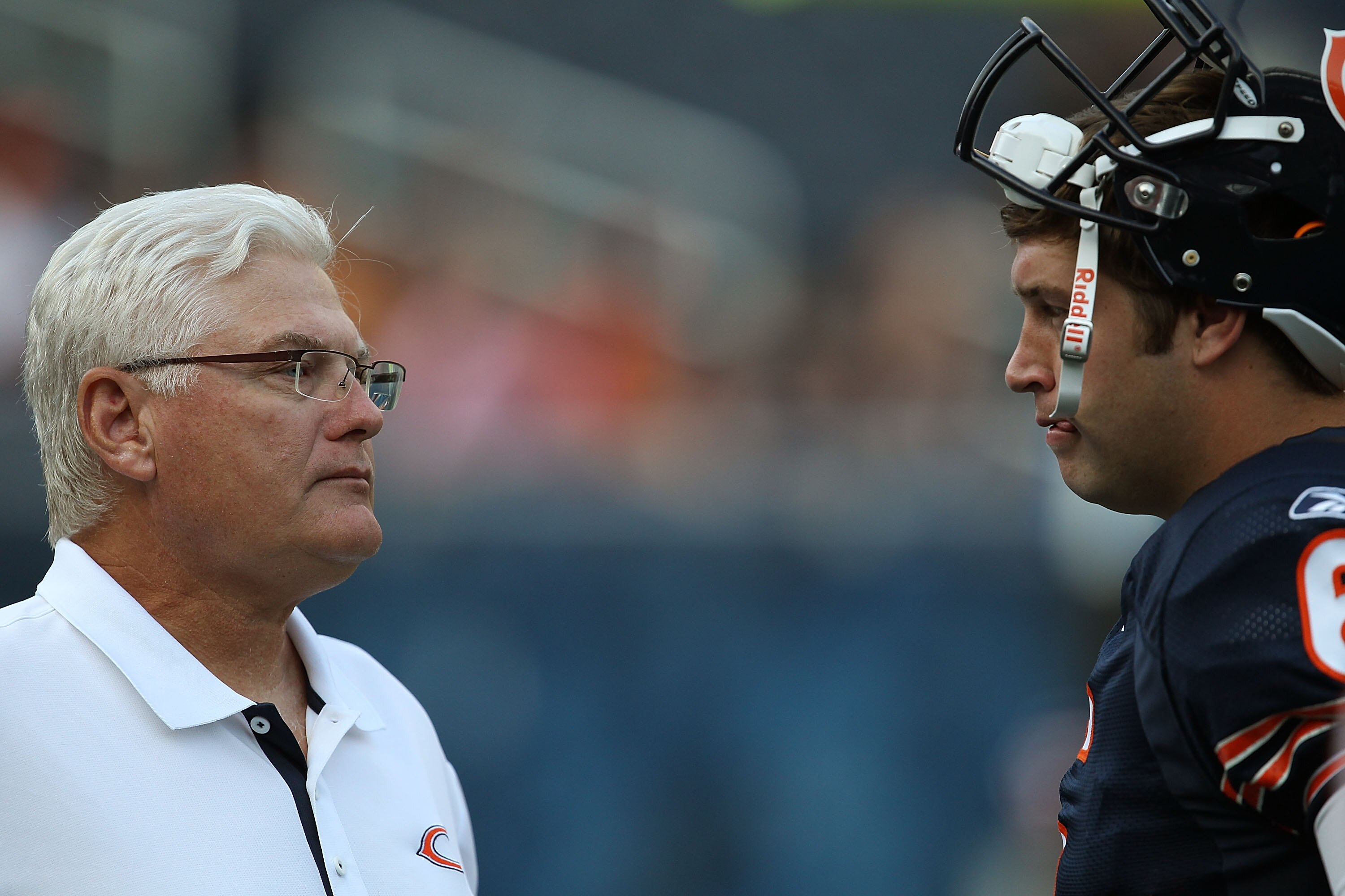 CHICAGO - AUGUST 21: Offensive coordinator Mike Martz of the Chicago Bears talks with Jay Cutler #6 during warm-ups before a preseason game against the Oakland Raiders at Soldier Field on August 21, 2010 in Chicago, Illinois. (Photo by Jonathan Daniel/Get CHICAGO - AUGUST 21: Offensive coordinator Mike Martz of the Chicago Bears talks with Jay Cutler #6 during warm-ups before a preseason game against the Oakland Raiders at Soldier Field on August 21, 2010 in Chicago, Illinois. (Photo by Jonathan Daniel/Get