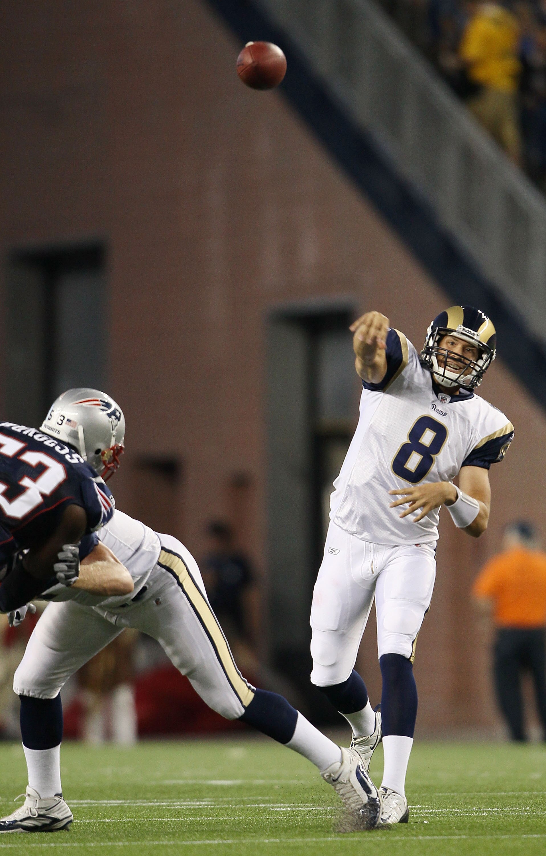 FOXBORO, MA - AUGUST 26: Sam Bradford #8 of the St. Louis Rams passes the ball against the New England Patriots on August 26, 2010 at Gillette Stadium in Foxboro, Massachusetts. (Photo by Elsa/Getty Images) FOXBORO, MA - AUGUST 26: Sam Bradford #8 of the St. Louis Rams passes the ball against the New England Patriots on August 26, 2010 at Gillette Stadium in Foxboro, Massachusetts. (Photo by Elsa/Getty Images)
