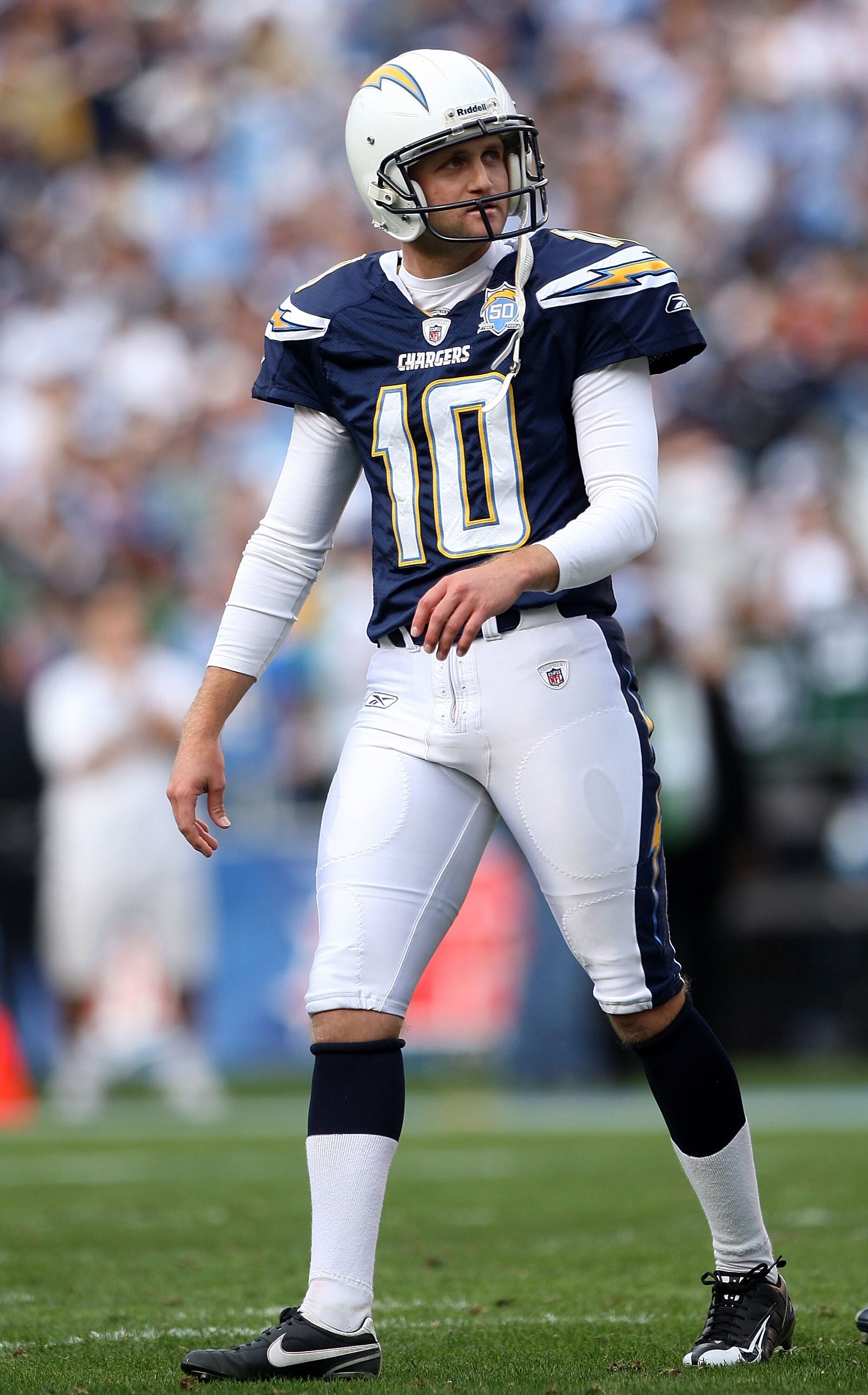 SAN DIEGO - JANUARY 17:  Nate Kaeding #10 of the San Diego Chargers walks off the field after missing a field goal against the New York Jets in the AFC Divisional Playoff Game at Qualcomm Stadium on January 17, 2010 in San Diego, California. The Jets defe
