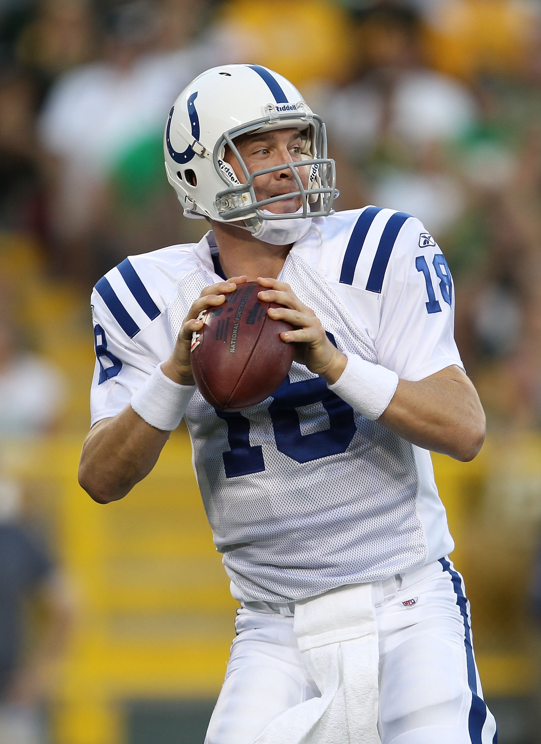 GREEN BAY, WI - AUGUST 26: Peyton Manning #18 of the Indianapolis Colts looks for a receiver against the Green Bay Packers during a preseason game at Lambeau Field on August 26, 2010 in Green Bay, Wisconsin.  The Packers defeated the Colts 59-24.  (Photo 