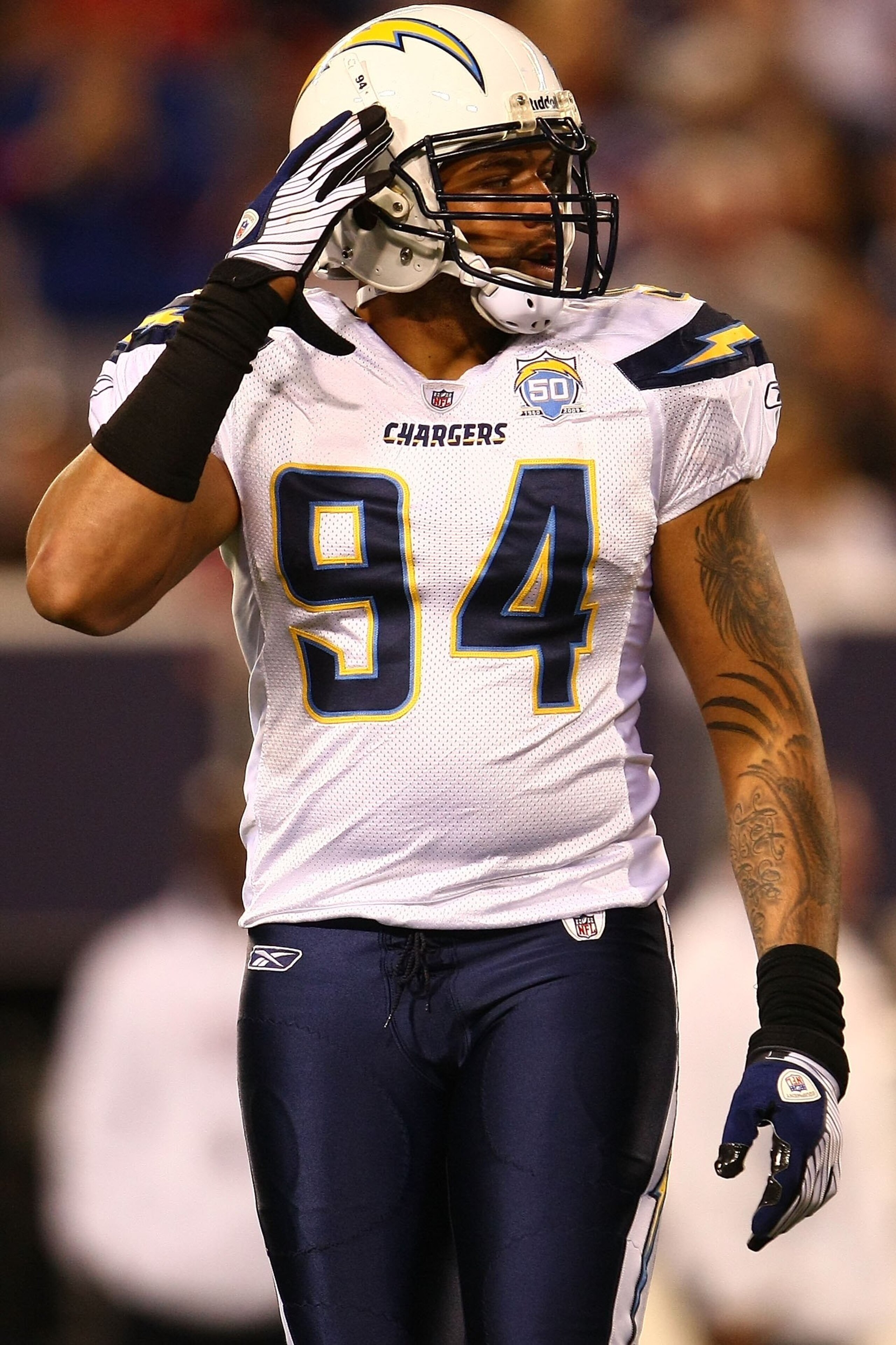 EAST RUTHERFORD, NJ - NOVEMBER 08: Jyles Tucker #94 of the San Diego Chargers waits for play to start against the New York Giants on November 8, 2009 at Giants Stadium in East Rutherford, New Jersey.  (Photo by Chris McGrath/Getty Images)