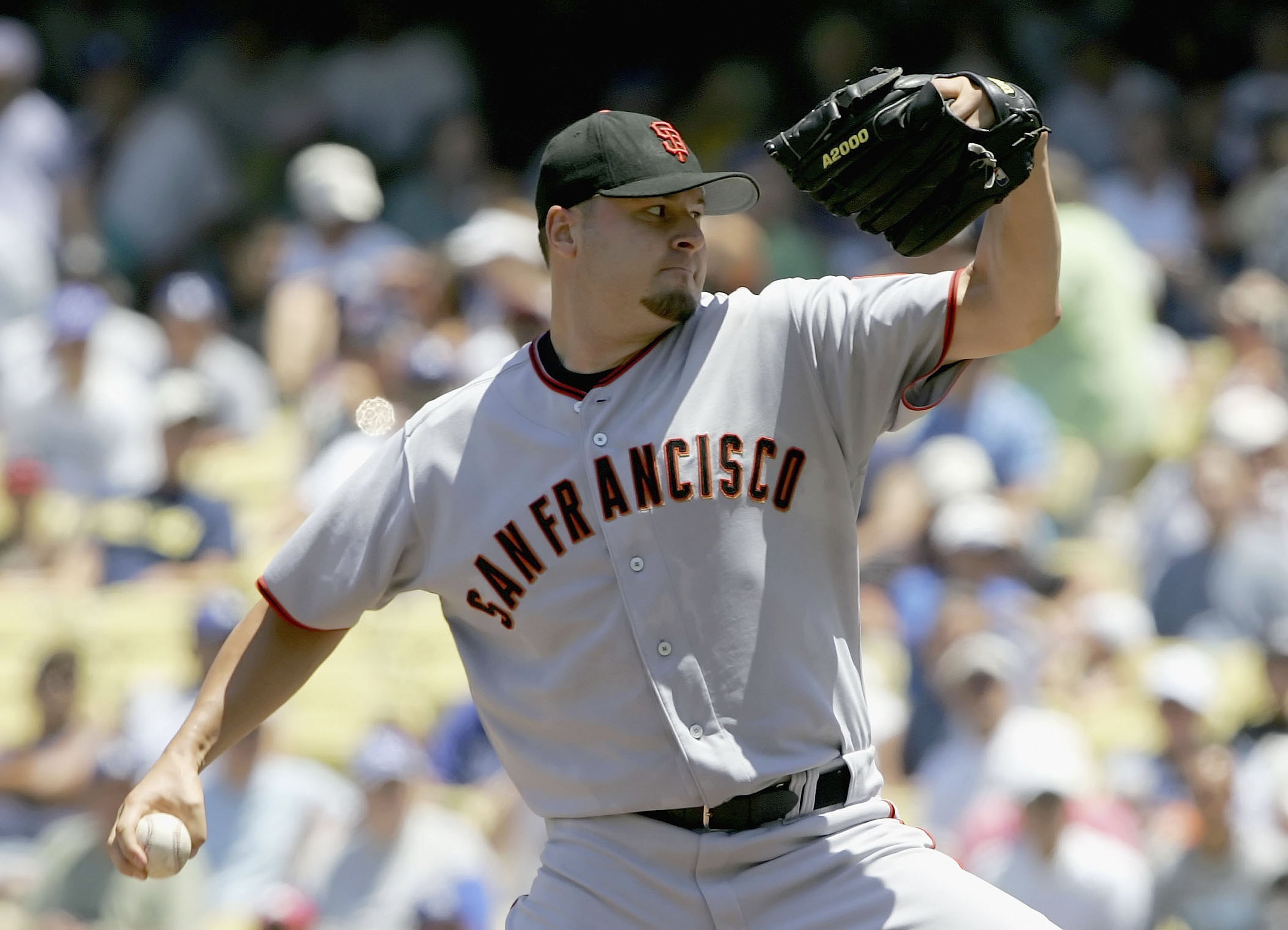 LOS ANGELES - JULY 9:  Jason Schmidt #29 of the San Francisco Giants pitches in the first inning against the Los Angeles Dodgers on July 9, 2006 at Dodger Stadium in Los Angeles, California. The Dodgers won 3-1.  (Photo by Lisa Blumenfeld/Getty Images)