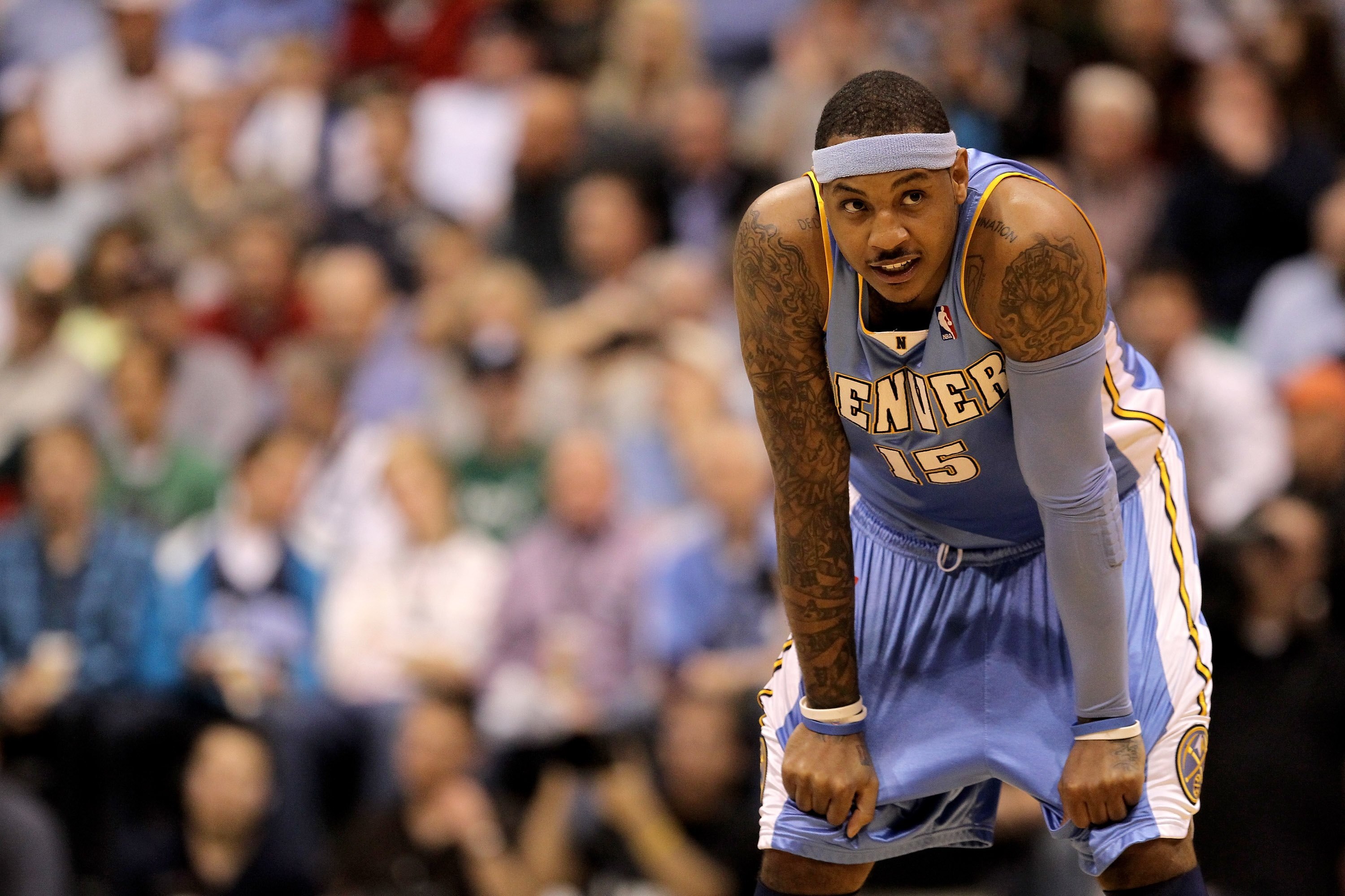 SALT LAKE CITY - APRIL 30:  Carmelo Anthony #15 of the Denver Nuggets stands on the court during their game against the Utah Jazz in Game Six of the Western Conference Quarterfinals of the 2010 NBA Playoffs at EnergySolutions Arena on April 30, 2010 in Sa