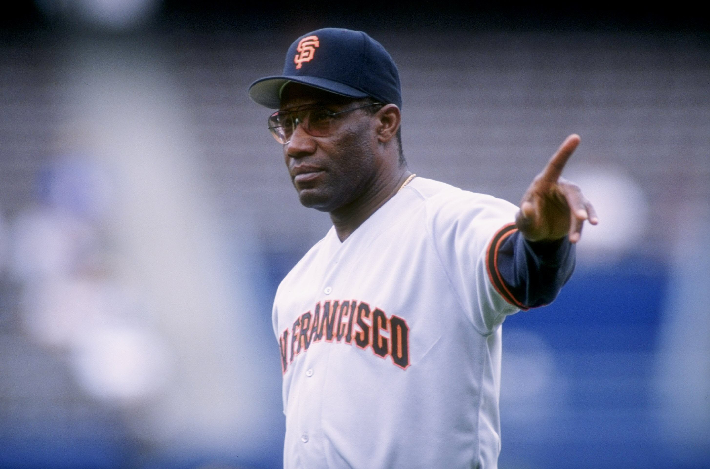 SAN DIEGO, CA - MAY 4, 1995:  (FILE PHOTO)  Coach Bobby Bonds of the San Francisco Giants gives instructions to his players during a game against the San Diego Padres at Jack Murphy Stadium May 4, 1995 in San Diego, California.  The Giants won the game 5-