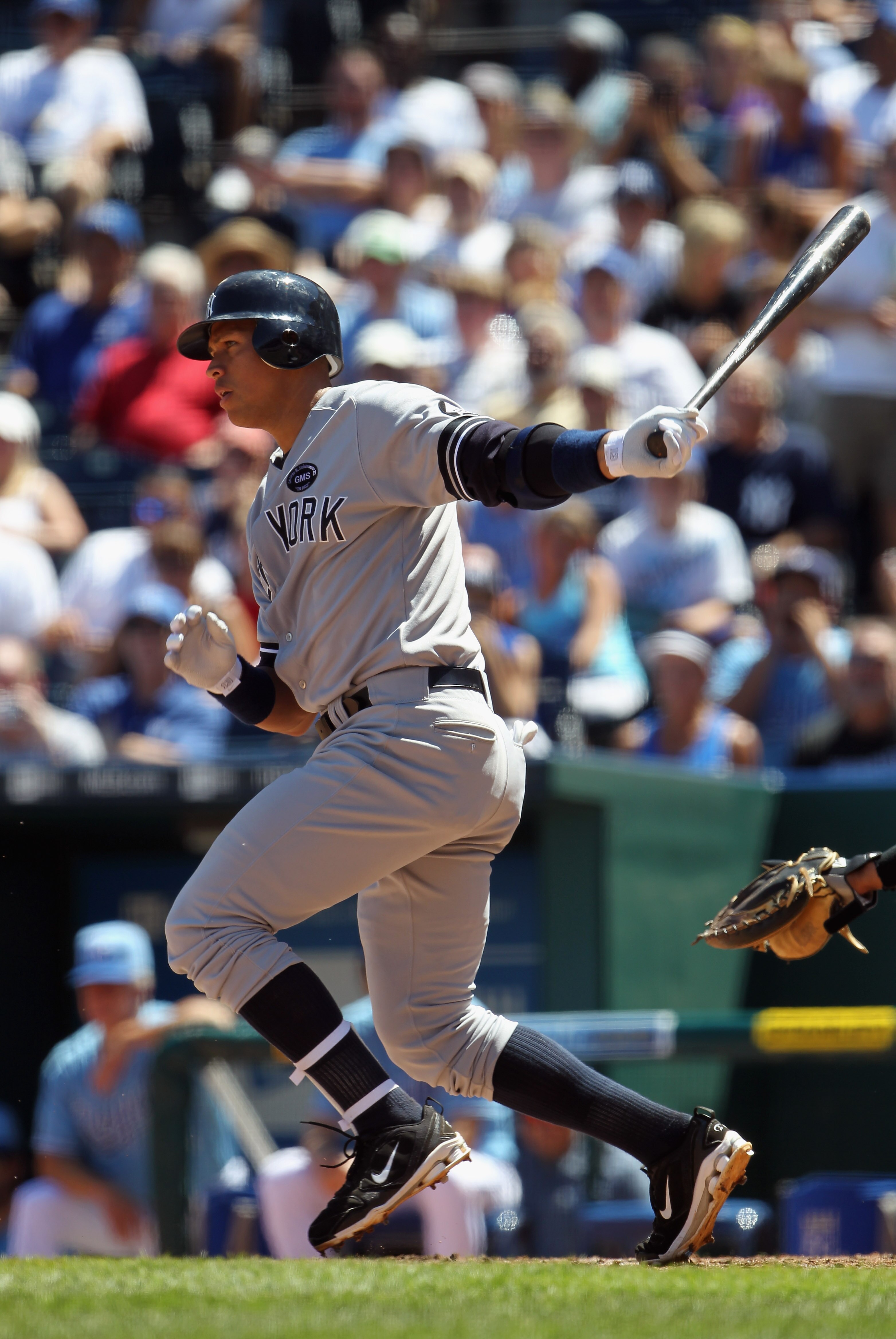 KANSAS CITY, MO - AUGUST 15:  Alex Rodriguez #13 of the New York Yankees grounds out during the game against the Kansas City Royals on August 15, 2010 at Kauffman stadium in Kansas City, Missouri.  (Photo by Jamie Squire/Getty Images)