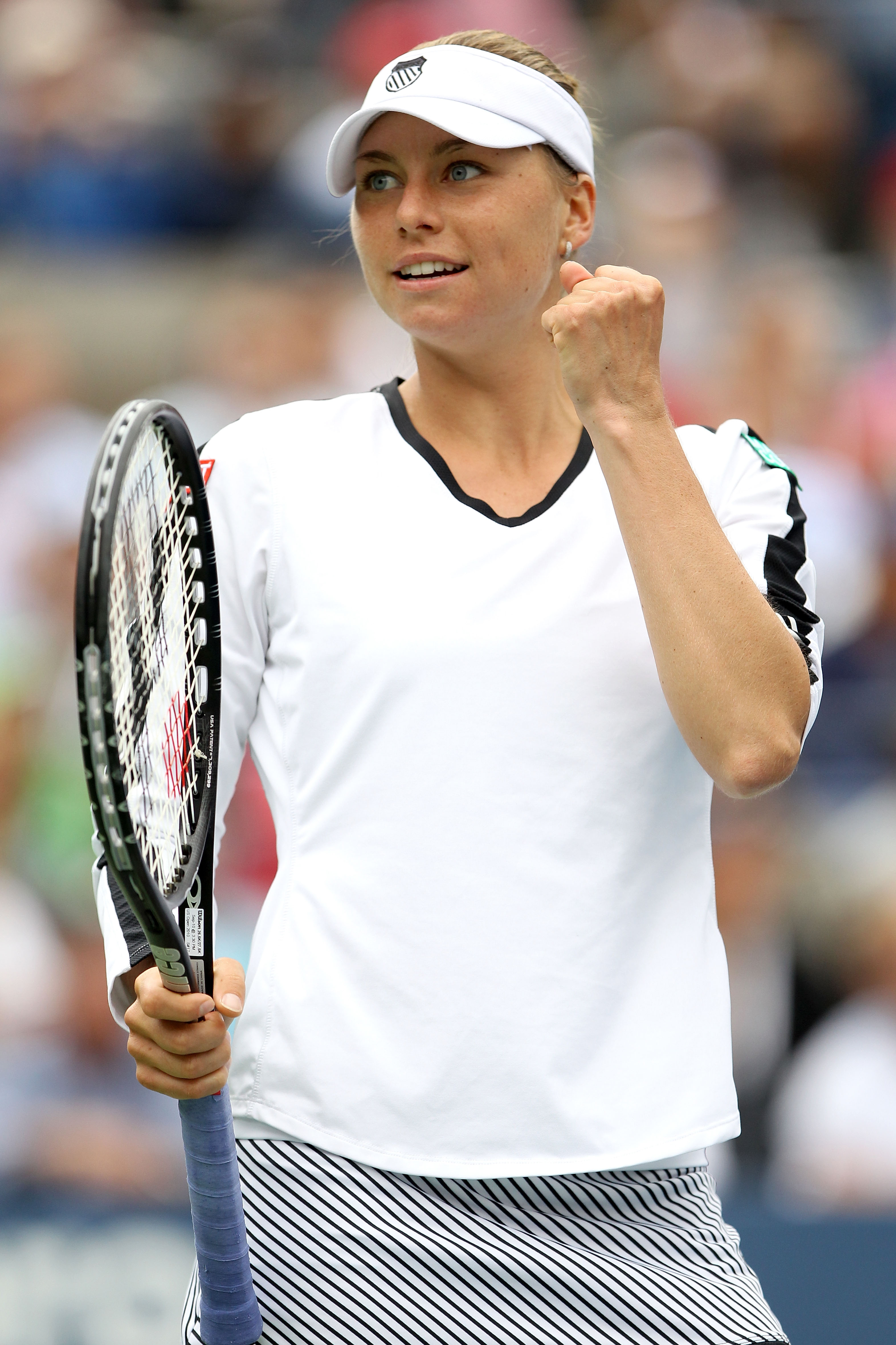 NEW YORK - SEPTEMBER 10:  Vera Zvonareva of Russia celebrates after defeating Caroline Wozniacki of Denmark during her women's semifinal match on day twelve of the 2010 U.S. Open at the USTA Billie Jean King National Tennis Center on September 10, 2010 in