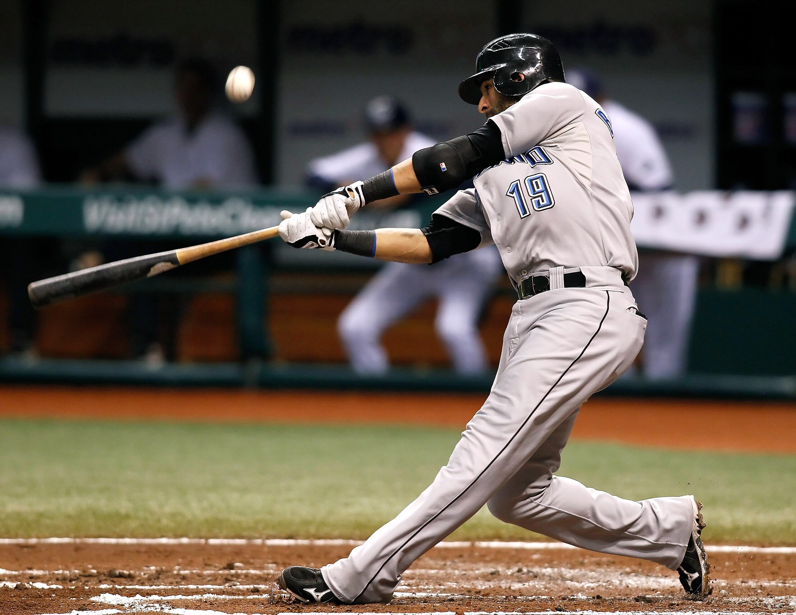 ST. PETERSBURG, FL - AUGUST 31:  Infielder Jose Bautista #19 of the Toronto Blue Jays fouls off a pitch against the Tampa Bay Rays during the game at Tropicana Field on August 31, 2010 in St. Petersburg, Florida.  (Photo by J. Meric/Getty Images)