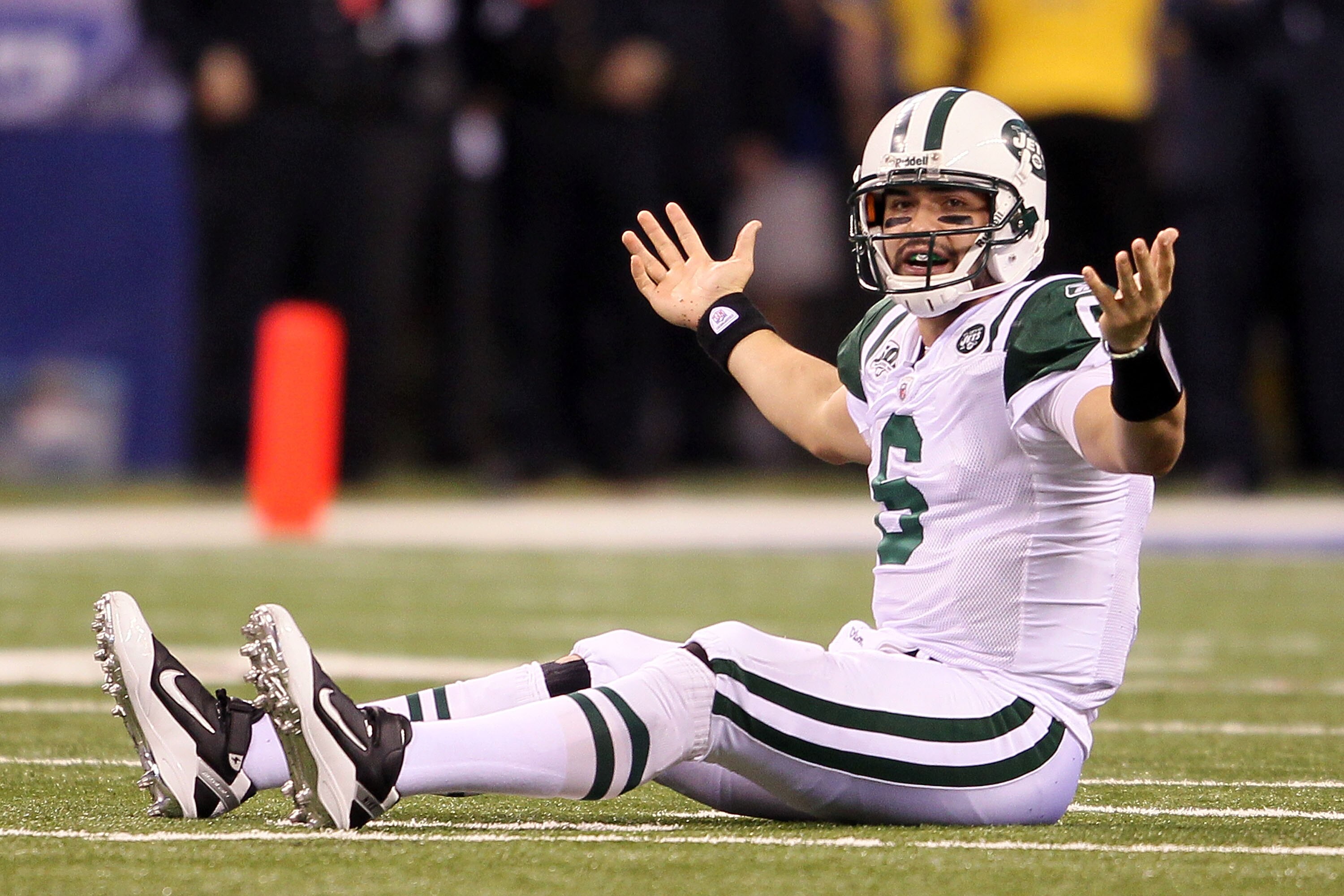 INDIANAPOLIS - JANUARY 24:  Quarterback Mark Sanchez #6 of the New York Jets reacts in the third quarter against the Indianapolis Colts during the AFC Championship Game at Lucas Oil Stadium on January 24, 2010 in Indianapolis, Indiana.  (Photo by Andy Lyo