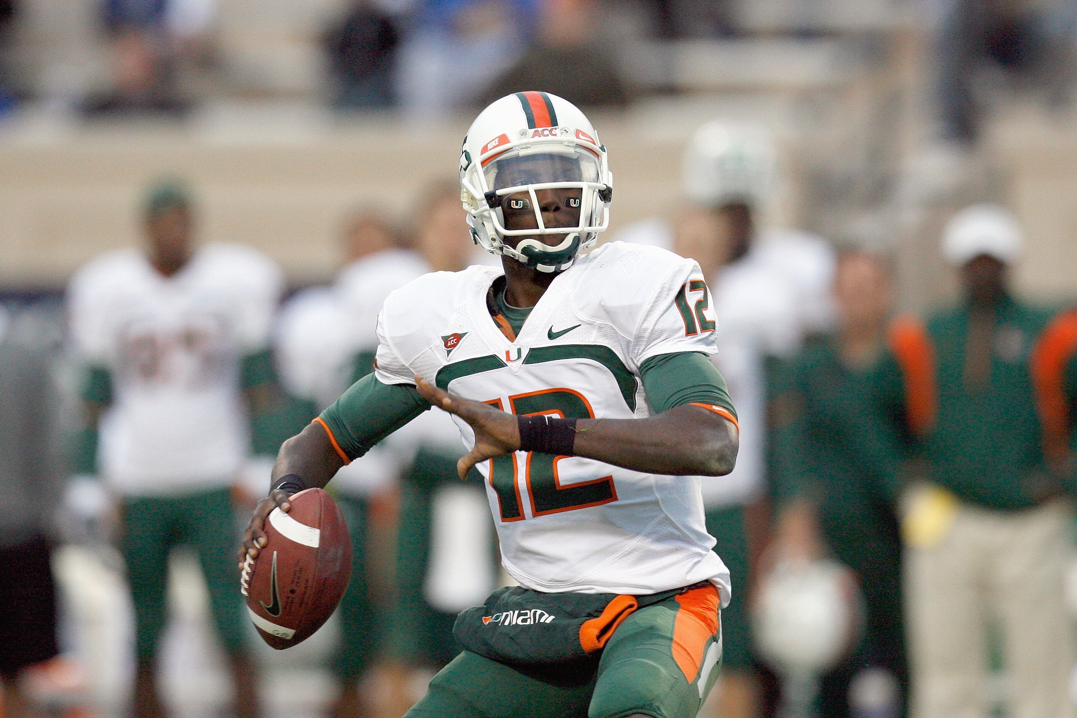 DURHAM, NC - OCTOBER 18: Quarterback  Jacory Harris #12 of the Miami Hurricanes looks to pass during the game against the Duke Blue Devils at Wallace Wade Stadium on October 18, 2008 in Durham, North Carolina.  (Photo by Kevin C. Cox/Getty Images)