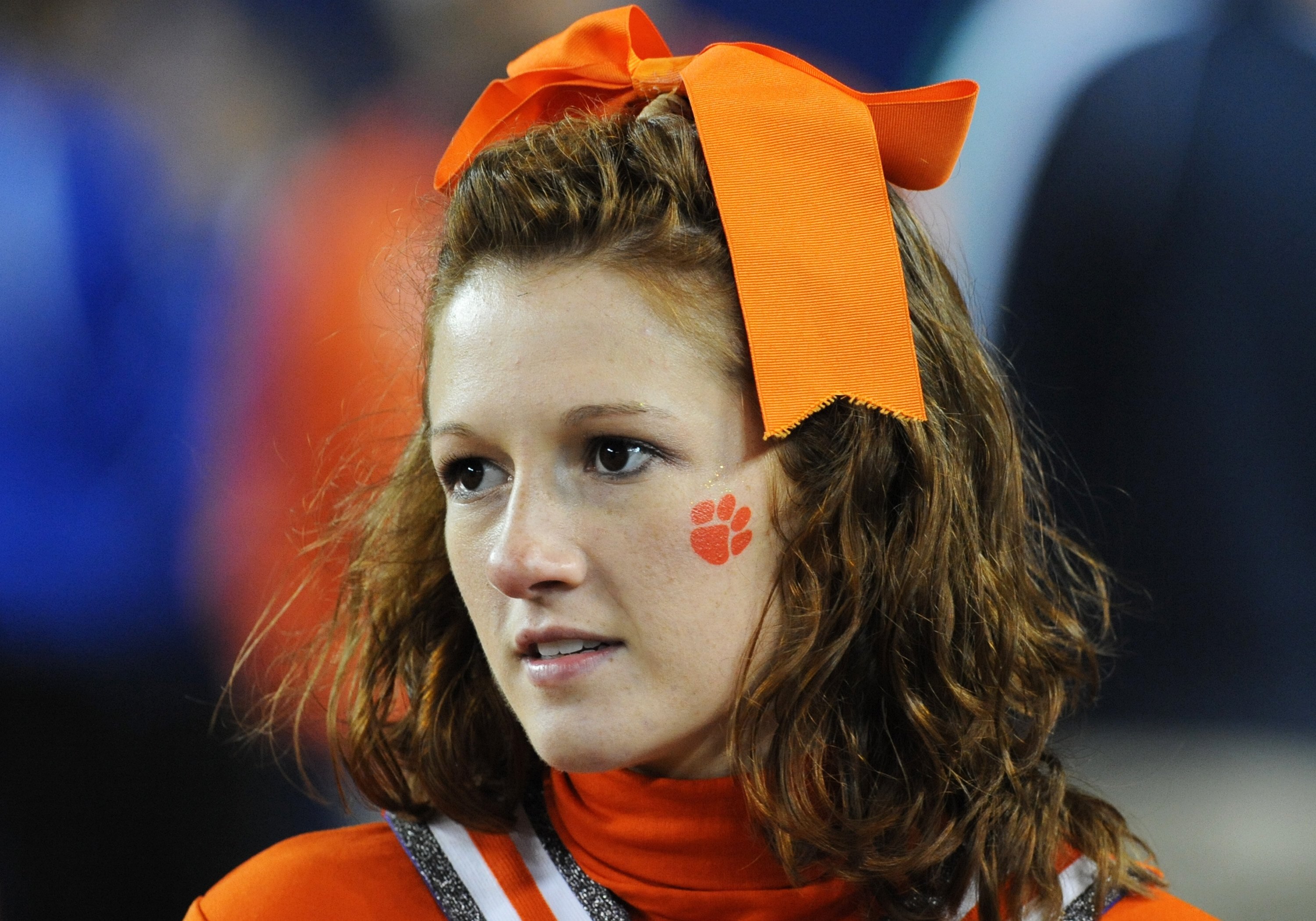 TAMPA, FL - NOVEMBER 28: A cheerleader of the Clemson Tigers watches play against the Georgia Tech Yellow Jackets in the 2009 ACC Football Championship Game December 5, 2009 at Raymond James Stadium in Tampa, Florida.  (Photo by Al Messerschmidt/Getty Ima
