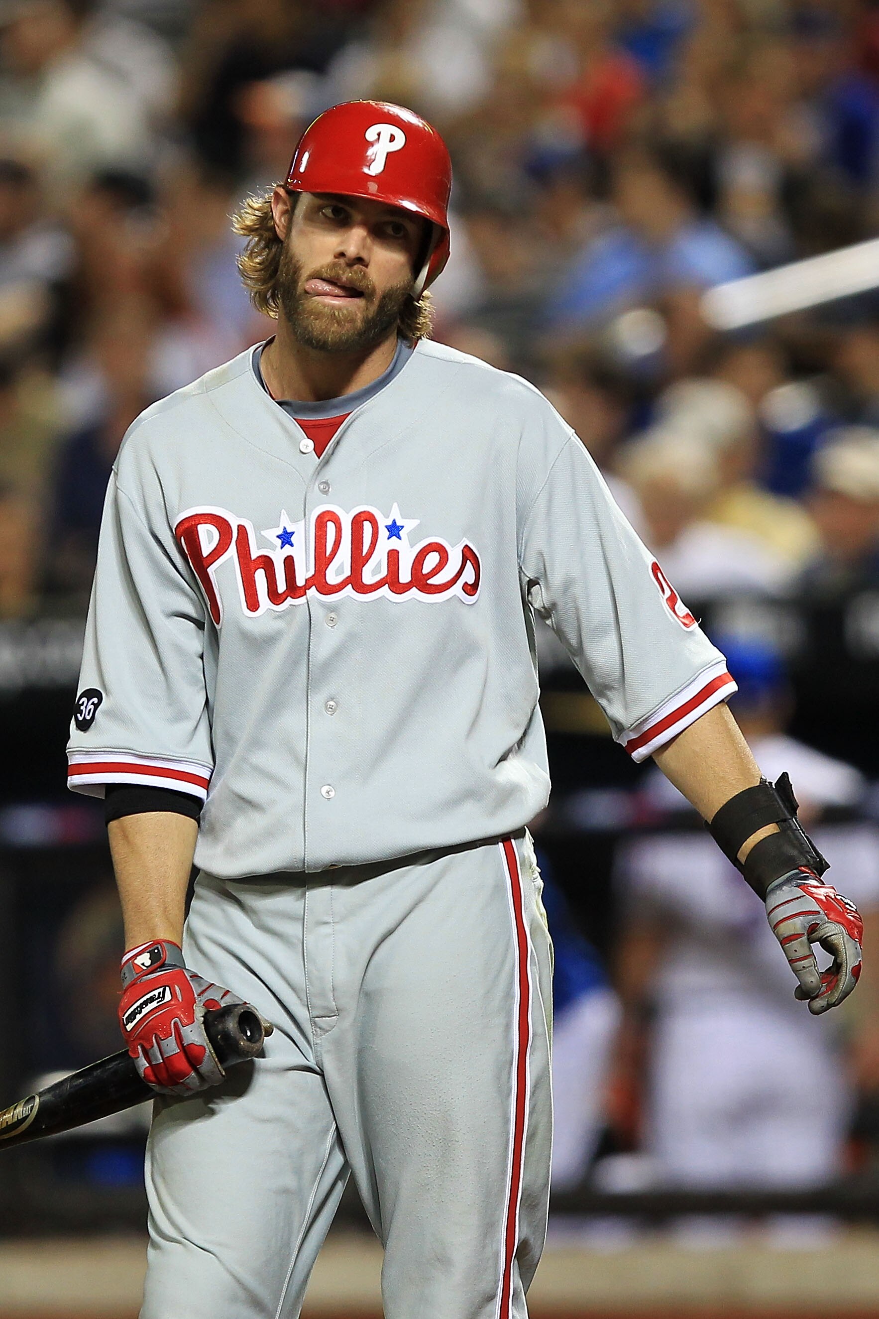NEW YORK - MAY 25:  Jayson Werth #28 of the Philadelphia Phillies reacts after a strike against the New York Mets on May 25, 2010 at Citi Field in the Flushing neighborhood of the Queens borough of New York City.  (Photo by Chris McGrath/Getty Images)