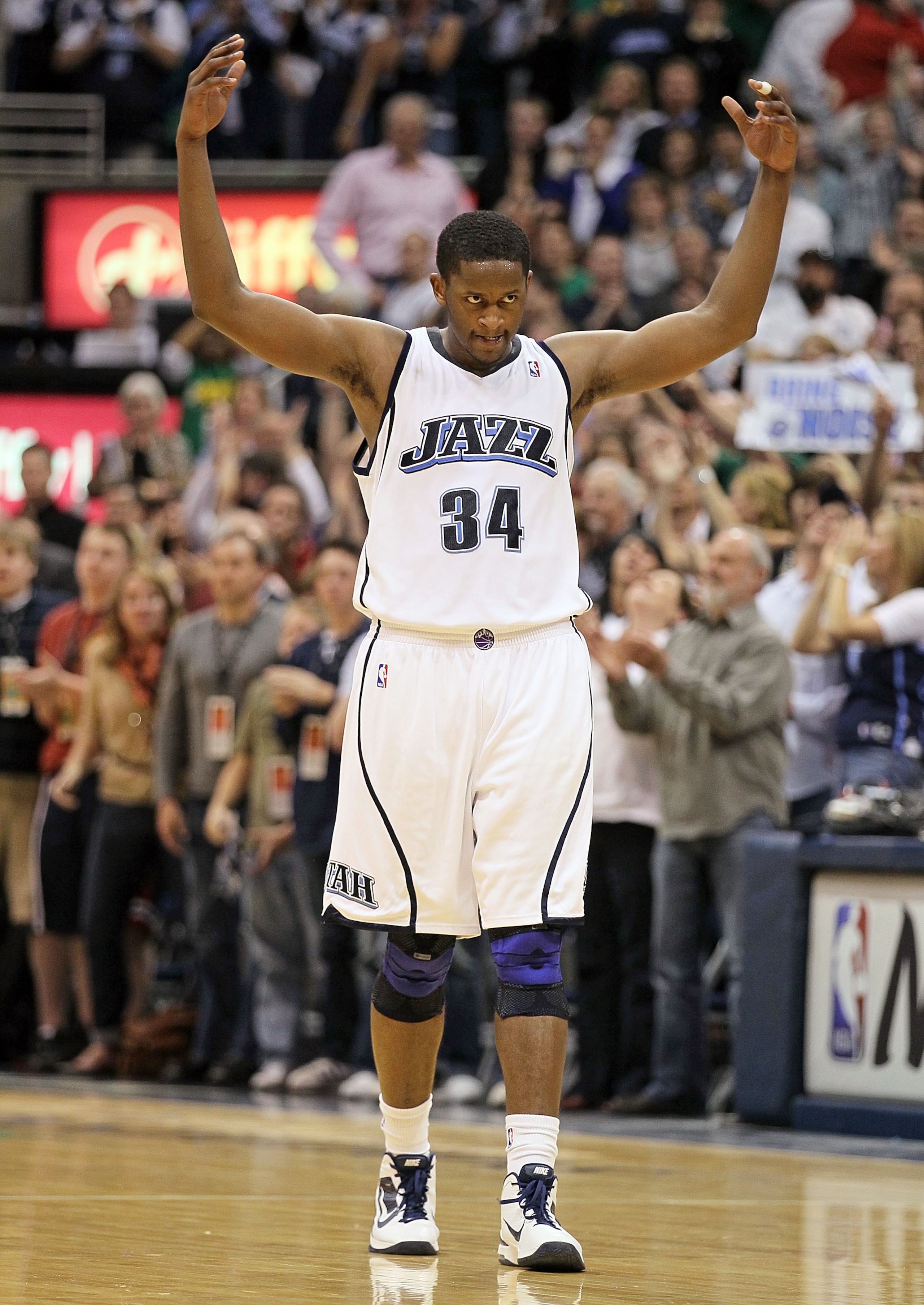 SALT LAKE CITY - APRIL 25:  C.J. Miles #34 of the Utah Jazz celebrates against the Denver Nuggets during Game Four of the Western Conference Quarterfinals of the 2010 NBA Playoffs at EnergySolutions Arena on April 25, 2010 in Salt Lake City, Utah.The Jazz