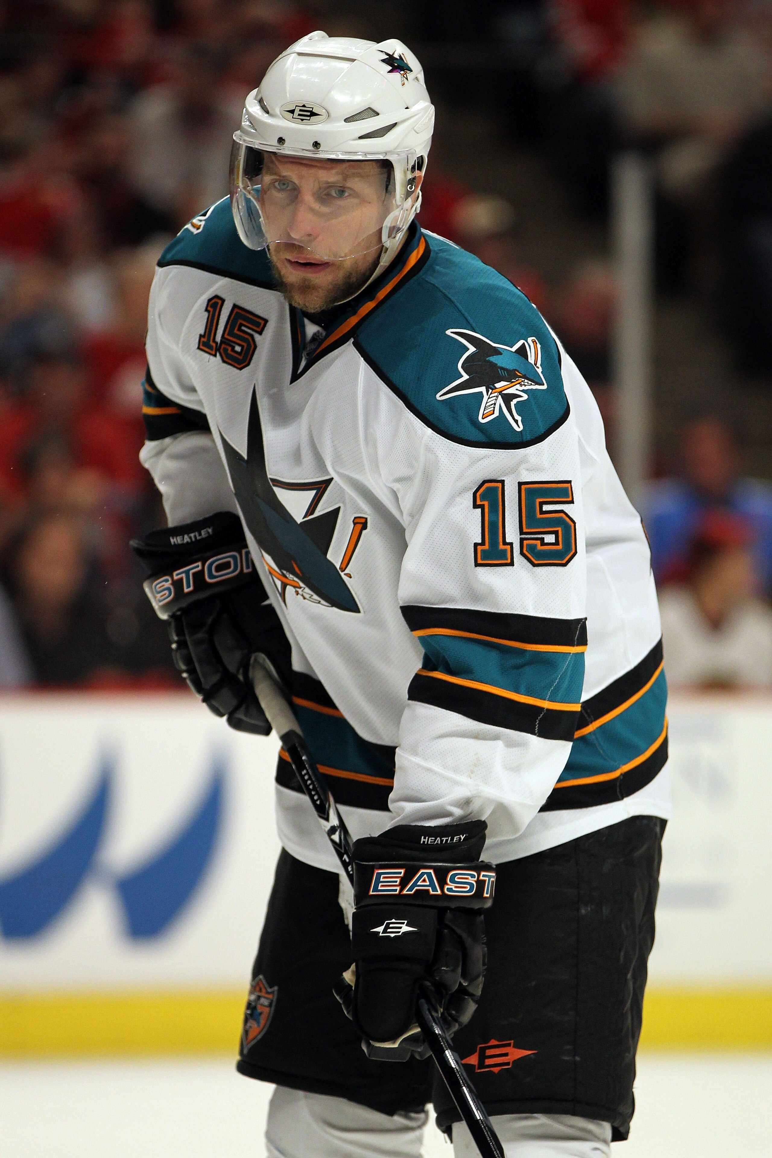 CHICAGO - MAY 23:  Dany Heatley #15 of the San Jose Sharks looks on while taking on the Chicago Blackhawks in Game Four of the Western Conference Finals during the 2010 NHL Stanley Cup Playoffs at the United Center on May 23, 2010 in Chicago, Illinois.  (
