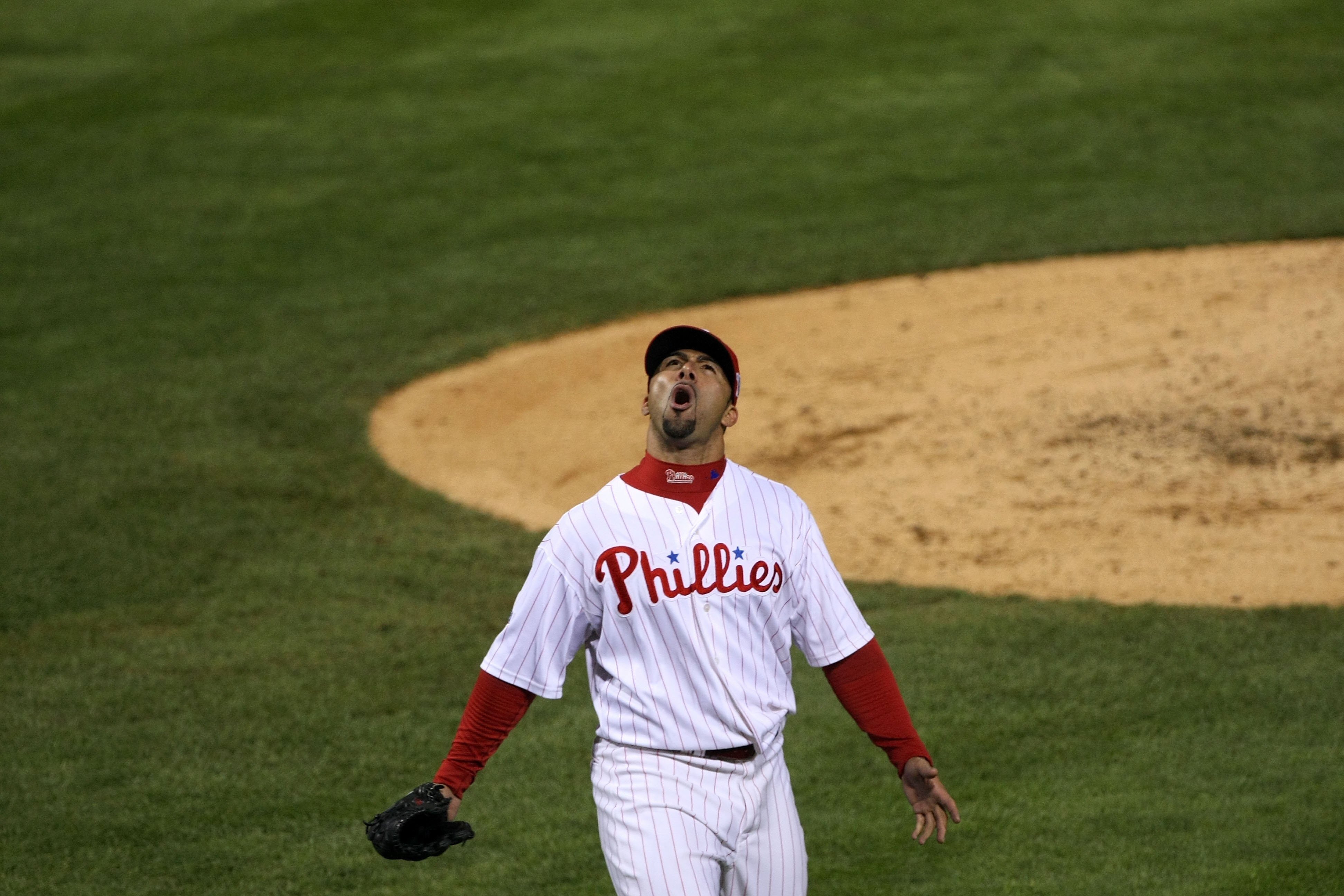 PHILADELPHIA - OCTOBER 29:  J.C. Romero #16 of the Philadelphia Phillies reacts after Carlos Pena #23 of the Tampa Bay Rays lined out fot the third out in the top of the eight inning during the continuation of game five of the 2008 MLB World Series on Oct