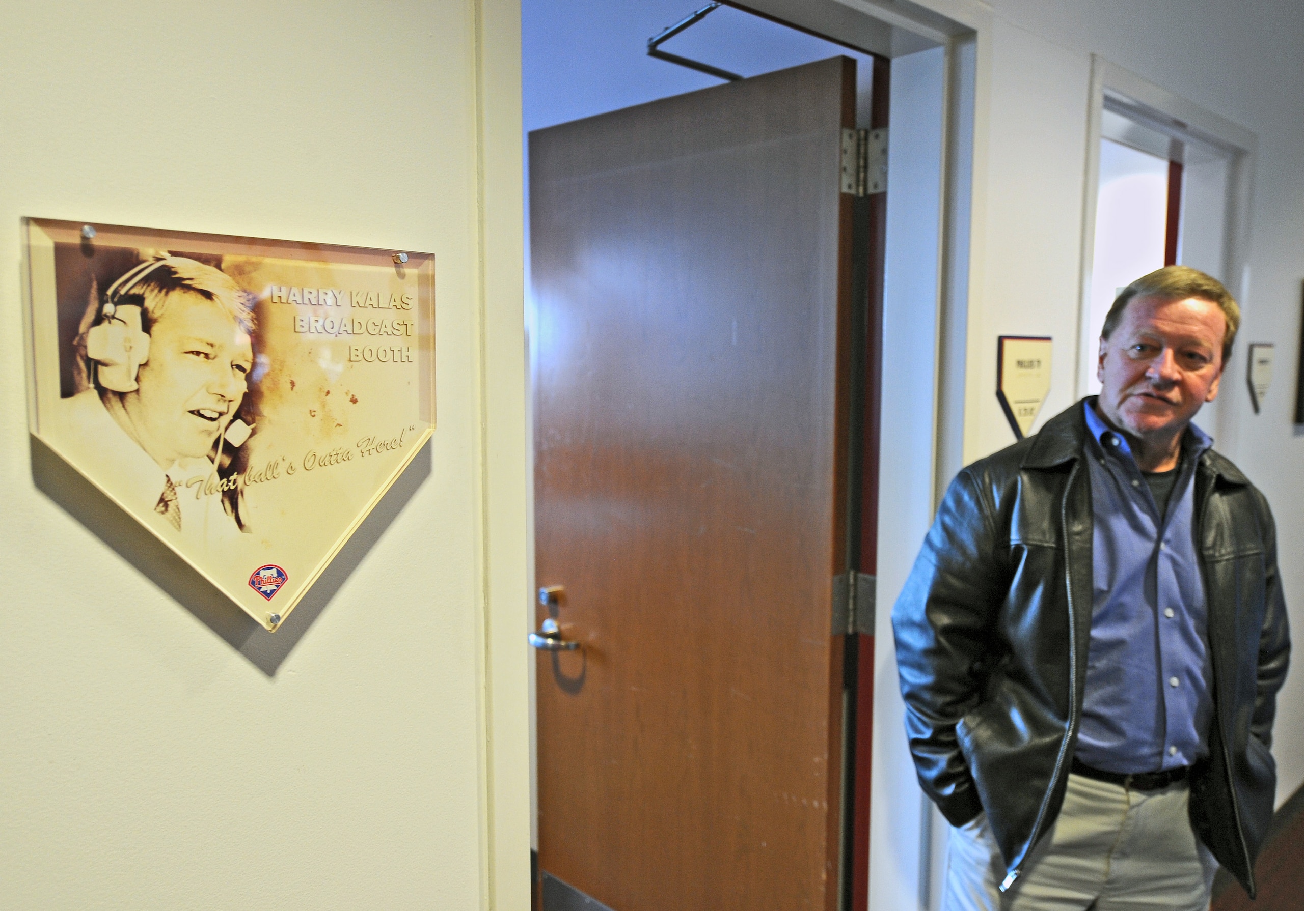 PHILADELPHIA - APRIL 17: Philadelphia Phillies broadcaster, Chris Wheeler, stand outside of the newly dedicated 'Harry Kalas Broadcast Booth, 'That Ball is outta here!' dedicated to recently departed Philadelphia Phillies announcer Harry Kalas before the