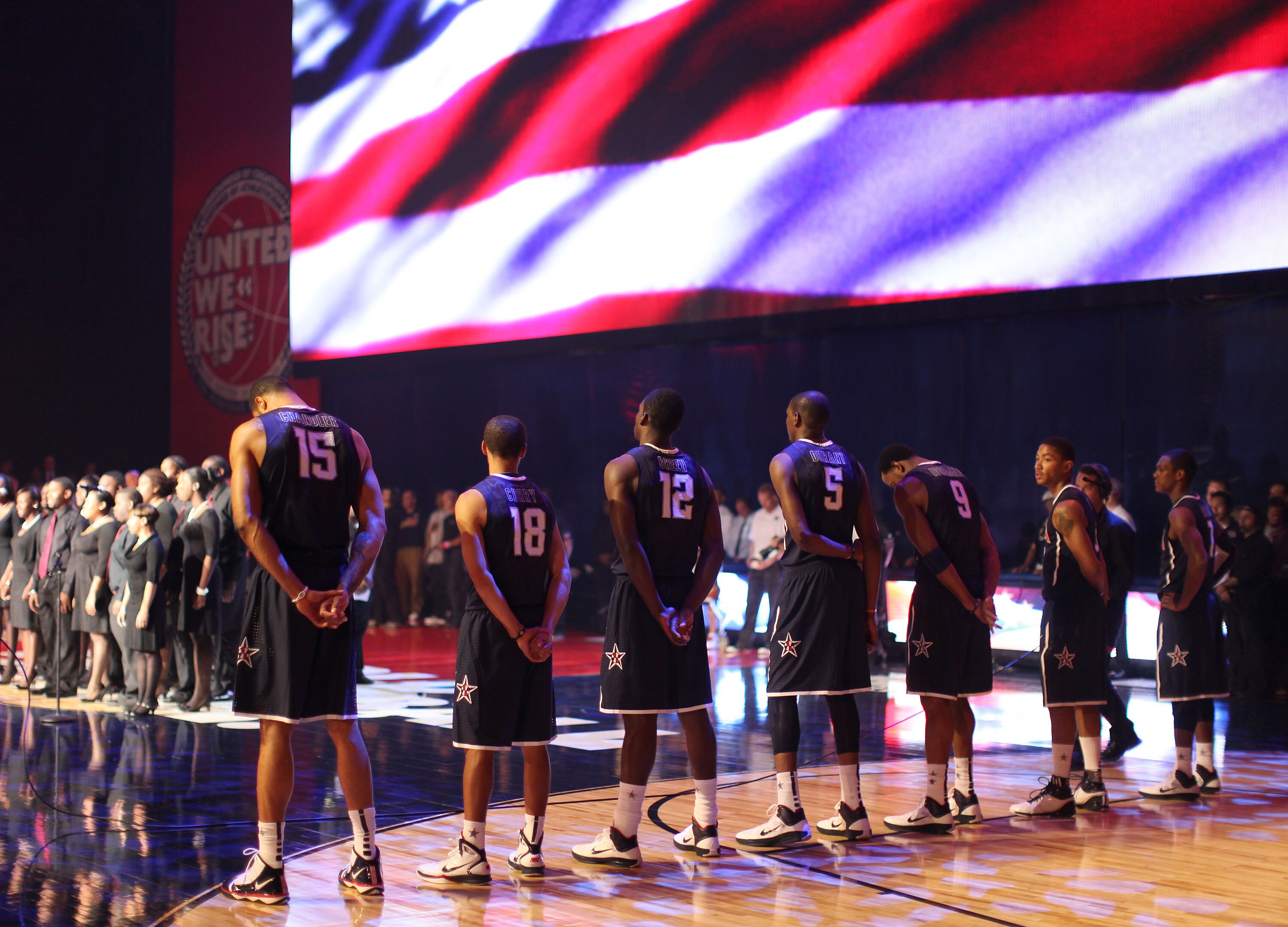 NEW YORK CITY, NY - AUGUST 12: Members of team USAB stand during the National Anthem during the World Basketball Festival USAB Showcase at Radio City Music Hall on August 12, 2010 in New York City. (Photo by Marc Lecureuil/Getty Images for Nike) NEW YORK CITY, NY - AUGUST 12: Members of team USAB stand during the National Anthem during the World Basketball Festival USAB Showcase at Radio City Music Hall on August 12, 2010 in New York City. (Photo by Marc Lecureuil/Getty Images for Nike)